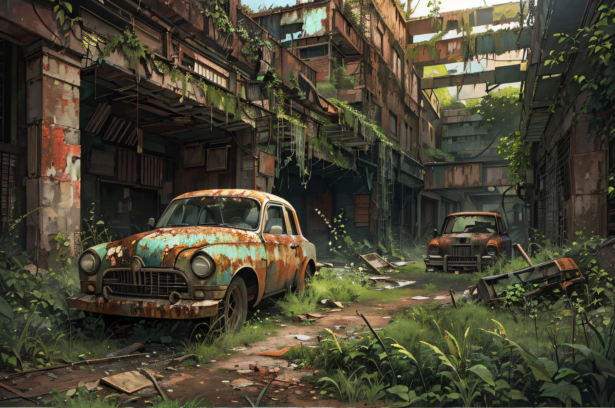 "Abandoned City, post-apocalyptic, desolate, crumbling architecture, overgrown with plants, eerie atmosphere, abandoned vehicles, hauntingly beautiful, dramatic lighting, rusted metal, decaying buildings, nature reclaiming the urban landscape."