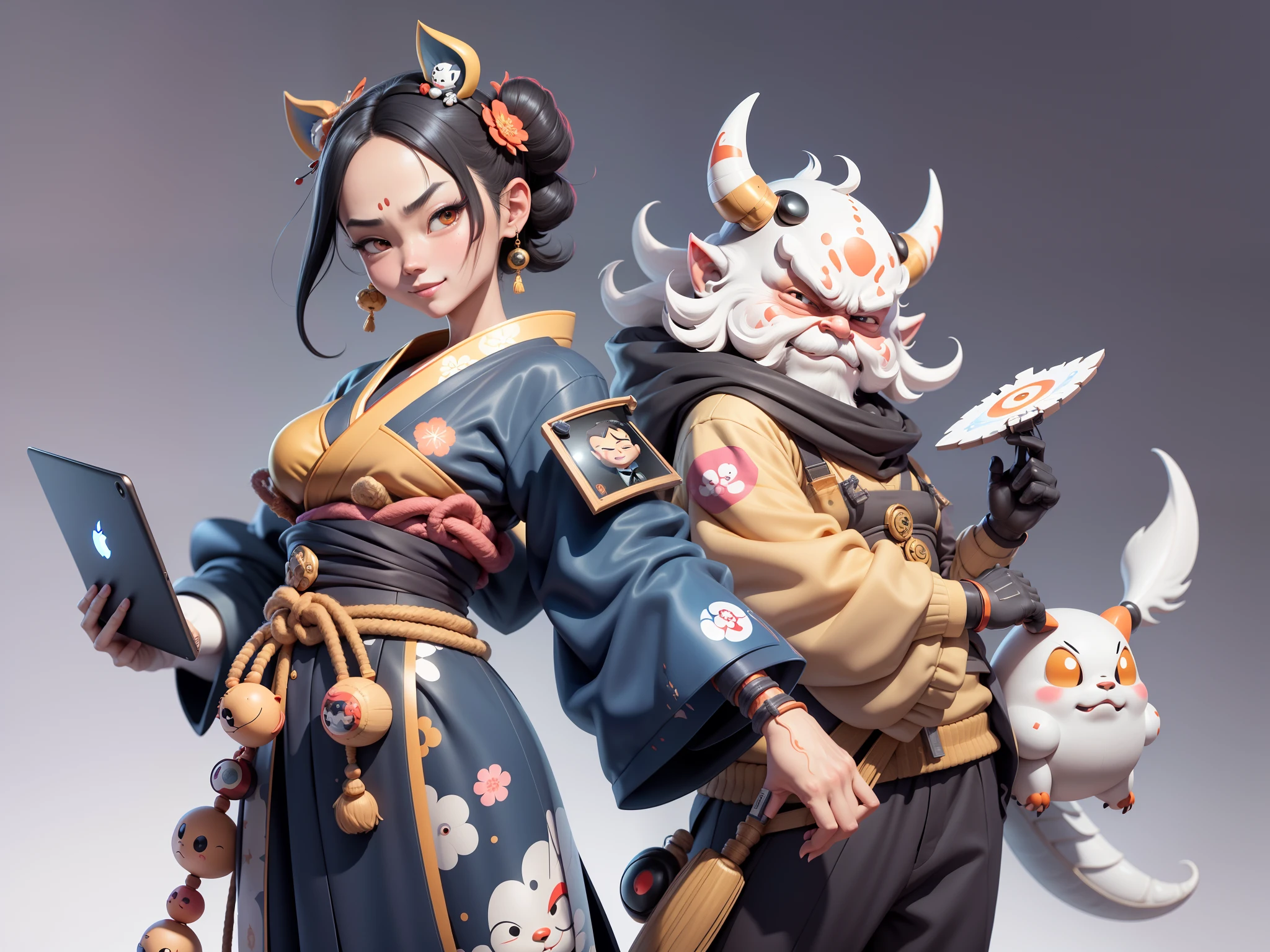 (Daisaku),(Need),(Super meticulous),(full bodyesbian:1.2),Japanese ukiyo-e girl,japanese geisha,Beautiful,Oriental dragon,Aeolian Thor,Raised sexy,爆乳,Oriental face,TV Anchor,Bust portrait illustration,Alone,In black suit,a blue tie,The face is slightly chubby,The face was clean,without a beard,Black super short hair,Black eyes,Smile confidently,3C computer sub-products,iPad, iphone,Digital painting,3D character design by Mark Clairen and Pixar and Hayao Miyazaki and Akira Toriyama,The illustration is a high-definition illustration in 4K resolution,With very detailed facial features and cartoon-style visuals。