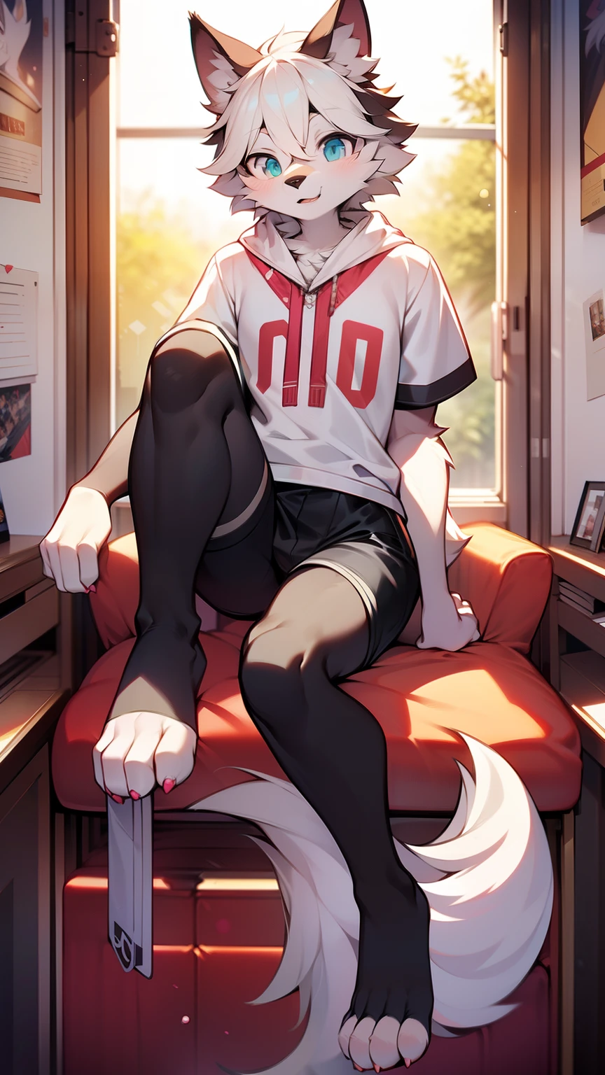 Anthropomorphic young male black wolf, red eyes, fullbody view, solo, seen from above, lying on sofa, livingroom, digital art, wearing a lifted light blue t-shirt and blue thigh high socks with white stripes and small translucid panties, tongue out, hands back the head, naughty face, sfw version, half eyes closed, one eyebrown lifted, erection under clothes, looking at viewer