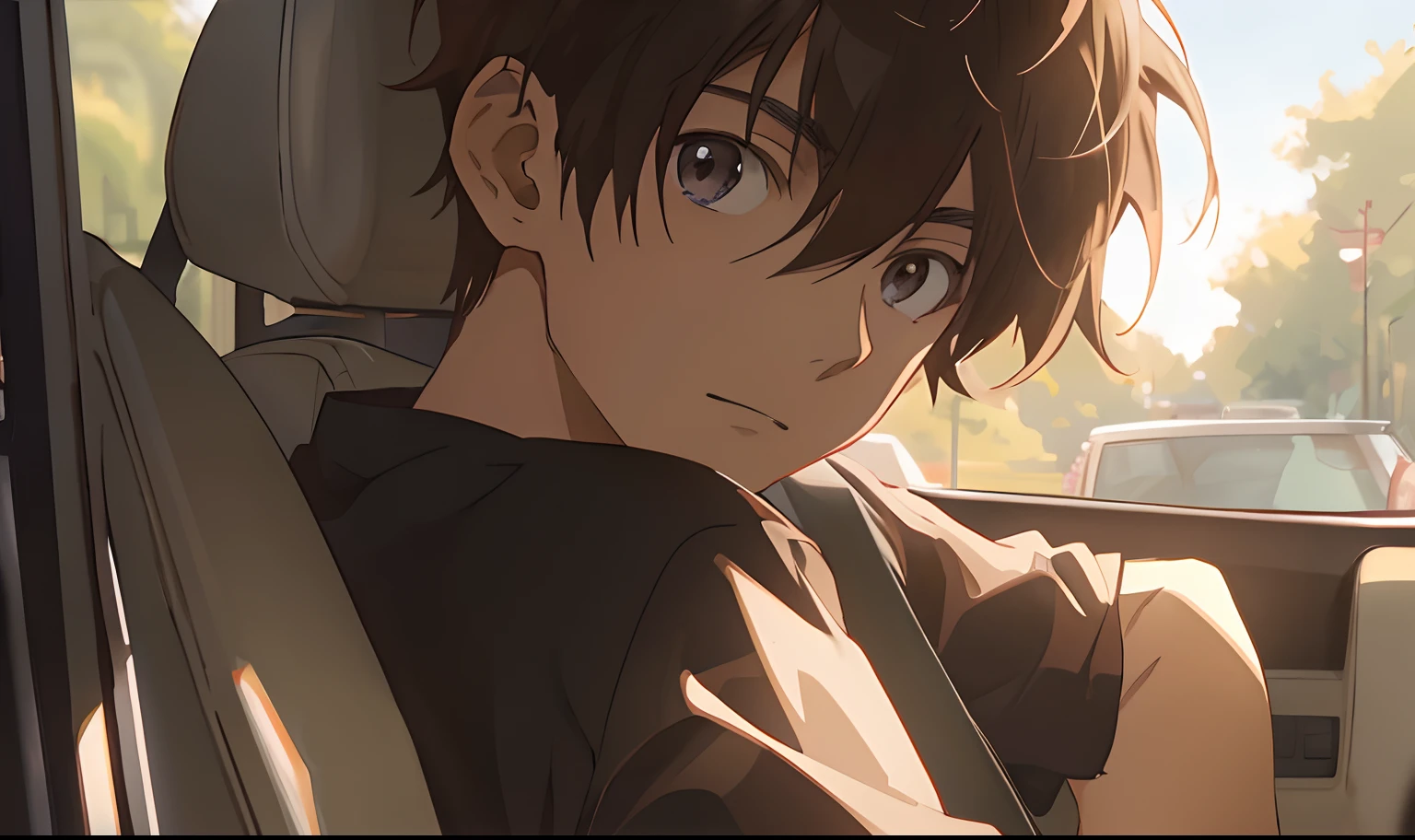 Anime boy in car with brown hair and black shirt, screenshot from the anime film, Today's featured anime stills, Makoto Shinkai. —h 2160, Guweiz e Makoto Shinkai, Kawasi, Guviz, Guviz-style artwork, animated still, Shinkai Makoto style
