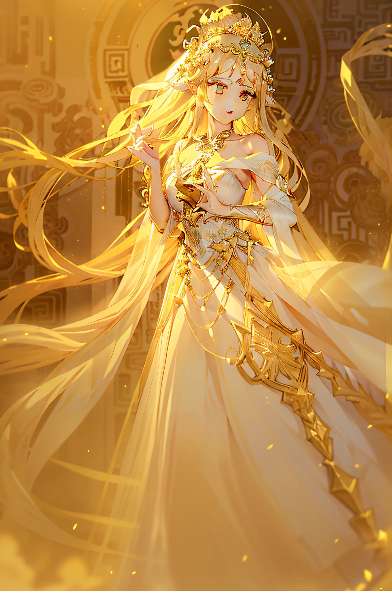 a woman in a white dress and a crown standing on a rock, ((a beautiful fantasy empress)), a beautiful fantasy empress, white and gold priestess robes, ancient libu princess, the sailor galaxia. beautiful, golden-white robes, ancient chinese princess, beautiful elven princess, ancient white dress, greek goddess, gilded lotus princess