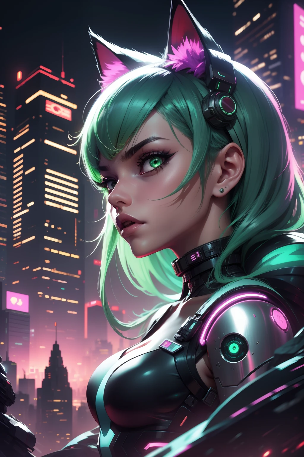 alien god , 1girl a woman with green hair and cat ears robotic, looking at viewer, cyberpunk city at night on background, high contrast, highly detailed, 8k hdr