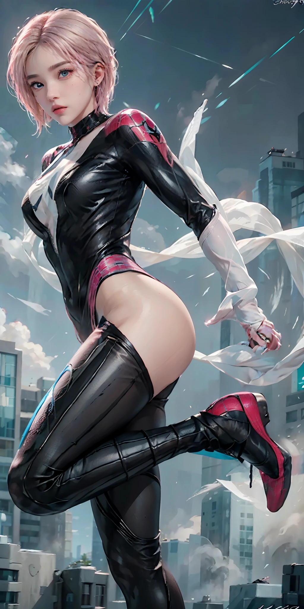 photorealistic, high resolution, soft light,1women, solo, hips up, (detailed face),tattoo, jewelry, Gwen Stacy, Spider Gwen suit, tights, superheroes, (full body photo), ((Spider-man pose)), (dynamic pose tights, superhero, (blonde and pink hair), (blue eyes), animation, eyebrow piercing (side cut: 1.3), (asymmetrical_hair: 1.3), (one side of shaved head: 1.3)