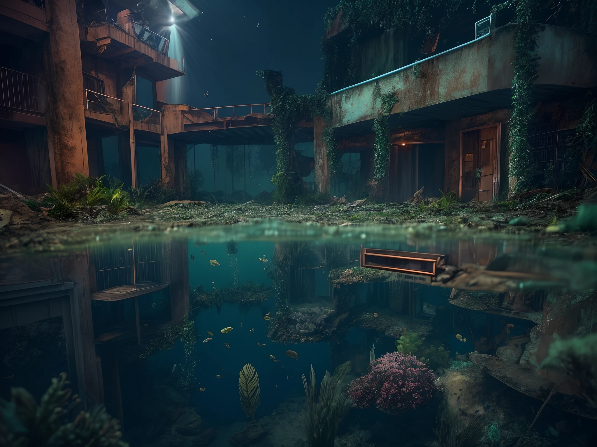 uma sinistra, Post-apocalyptic cityscape with ruined buildings, Ruas alagadas, and nature recovering its territory. A cidade parcialmente submersa, Creating a surreal scene with underwater plant. realista, alta qualidade, obra prima, detalhado, 8k proporcional, symmetr, dramatic light, noite de lua