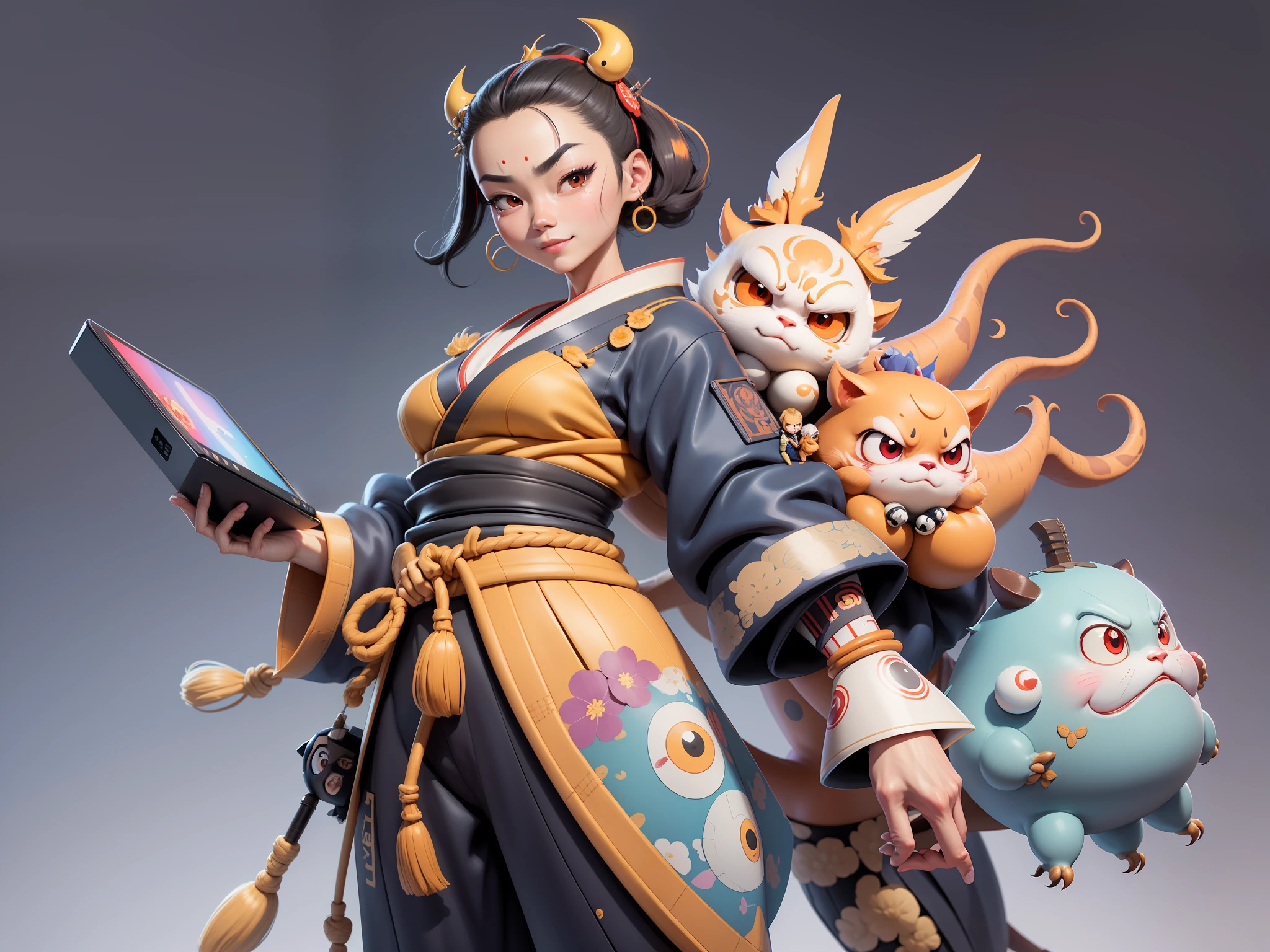 (Daisaku),(Need),(Super meticulous),(full bodyesbian:1.2),Japanese ukiyo-e girl,japanese geisha,Beautiful,Oriental dragon,Aeolian Thor,Raised sexy,爆乳,Oriental face,TV Anchor,Bust portrait illustration,Alone,In black suit,a blue tie,The face is slightly chubby,The face was clean,without a beard,Black super short hair,Black eyes,Smile confidently,3C computer sub-products,iPad, iphone,Digital painting,3D character design by Mark Clairen and Pixar and Hayao Miyazaki and Akira Toriyama,The illustration is a high-definition illustration in 4K resolution,With very detailed facial features and cartoon-style visuals。