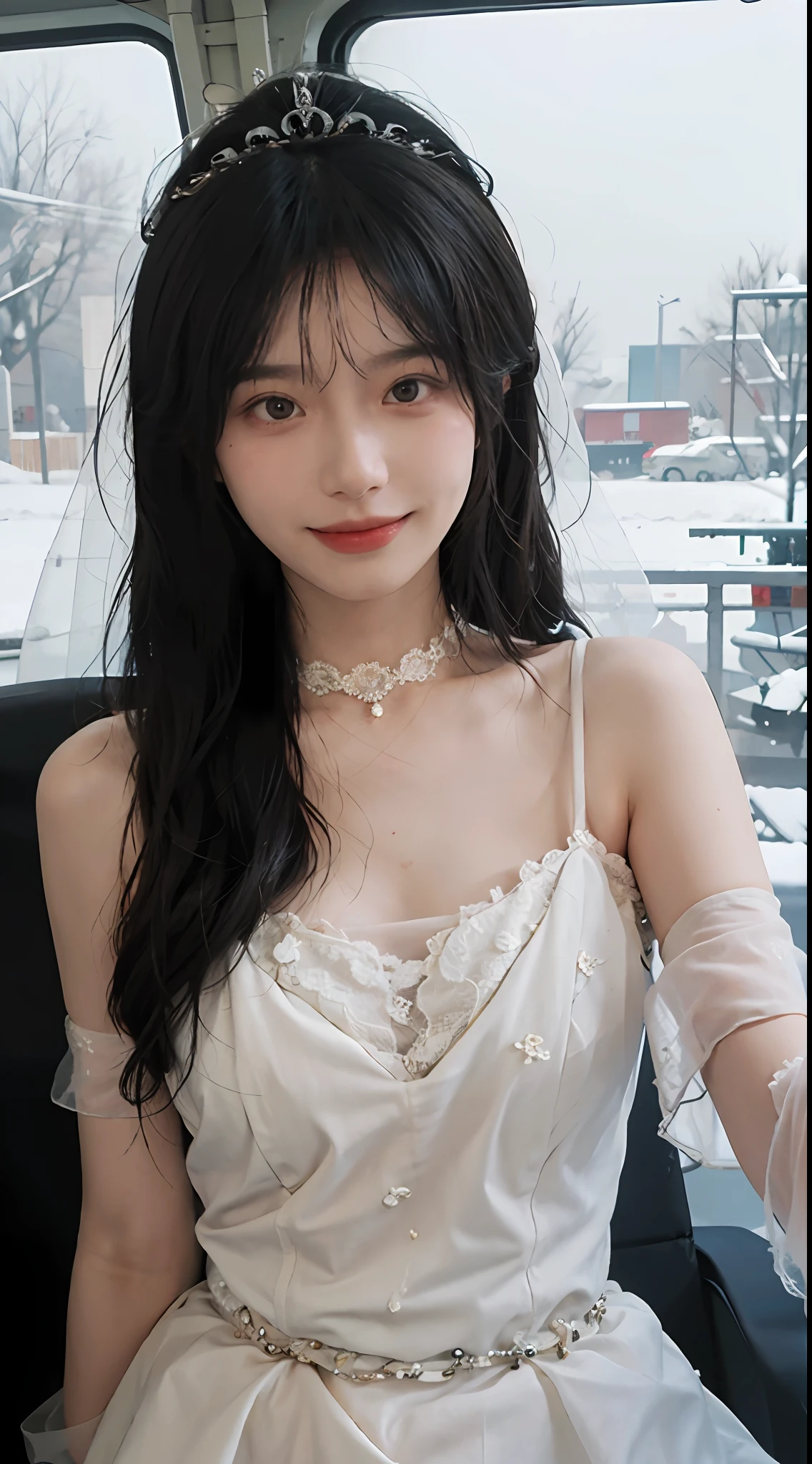 best qualtiy，tmasterpiece，超高分辨率，（realisticlying：1.4），2girls，winking，self-shot，A picture，Chest binding，Large wavy curls，Goose egg face，tiara crown，Enchanted smile，二重まぶた，A pair of peach blossom eyes，Lace wedding dress，Pure，choker necklace，adolable，Snow-white translucent skin，head straight-looking at viewer，On a helicopter，Full of atmosphere，hair pin：1.4，（The upper part of the body：1.4），