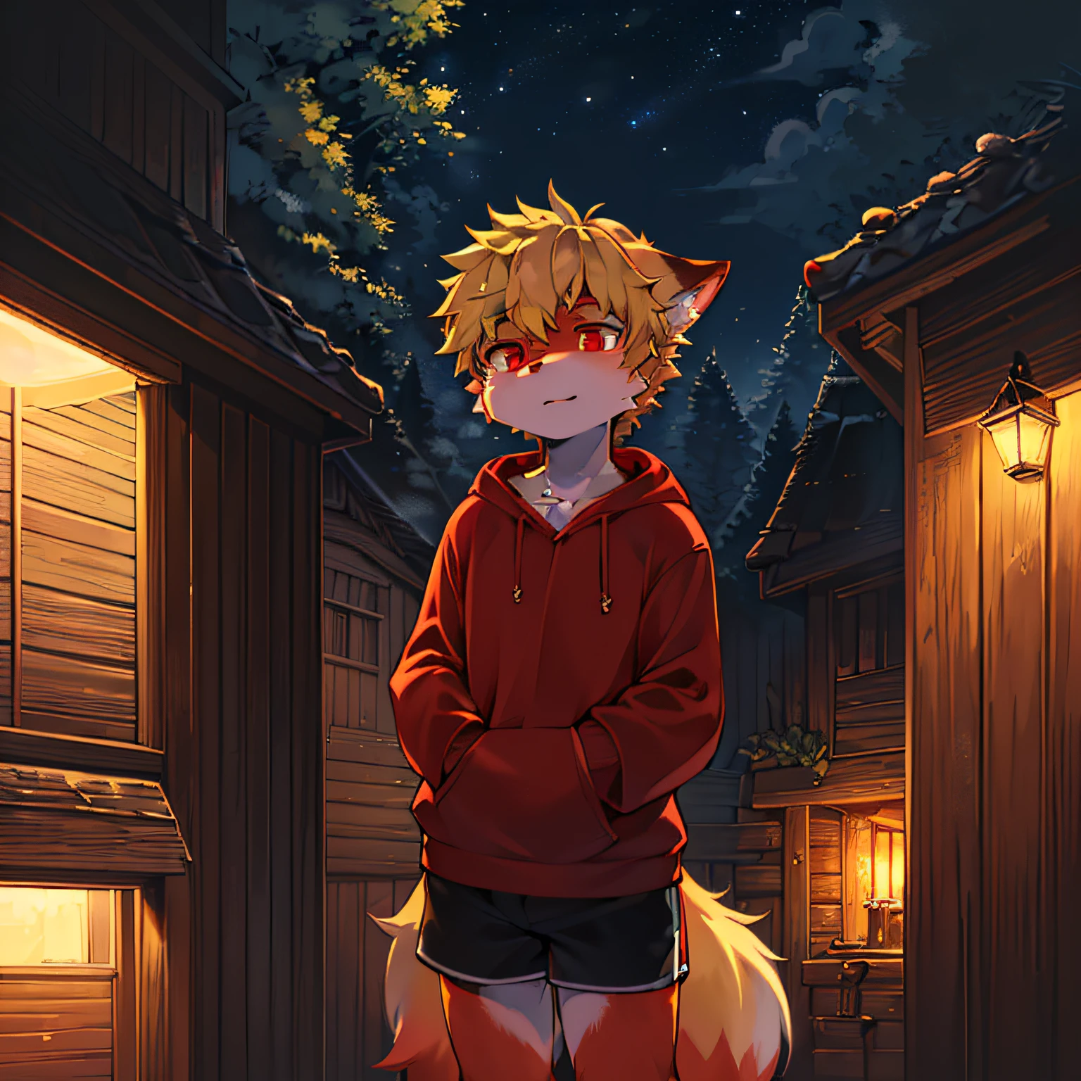 solo,1boy,anthro,furry_male,fox_boy,(red_fur:1.3),(detailed_fluffy_fur),(intricate_detail_fluffy_fur),tuft,(body_fur:1.2),oil_skin,(skin_with_fluffy_fur),tail,short_hair,red_eyes,blonde_hair,shorts,hoodie,upper_body_close-up,cowbow_shot,half-closed_eyes,expressionless,heavy_breathing,looking_at_viewer.
(Cozy_Childhood_Hideaway:1.5),night,(detailed_background,amazing_background),outdoors,scenery.