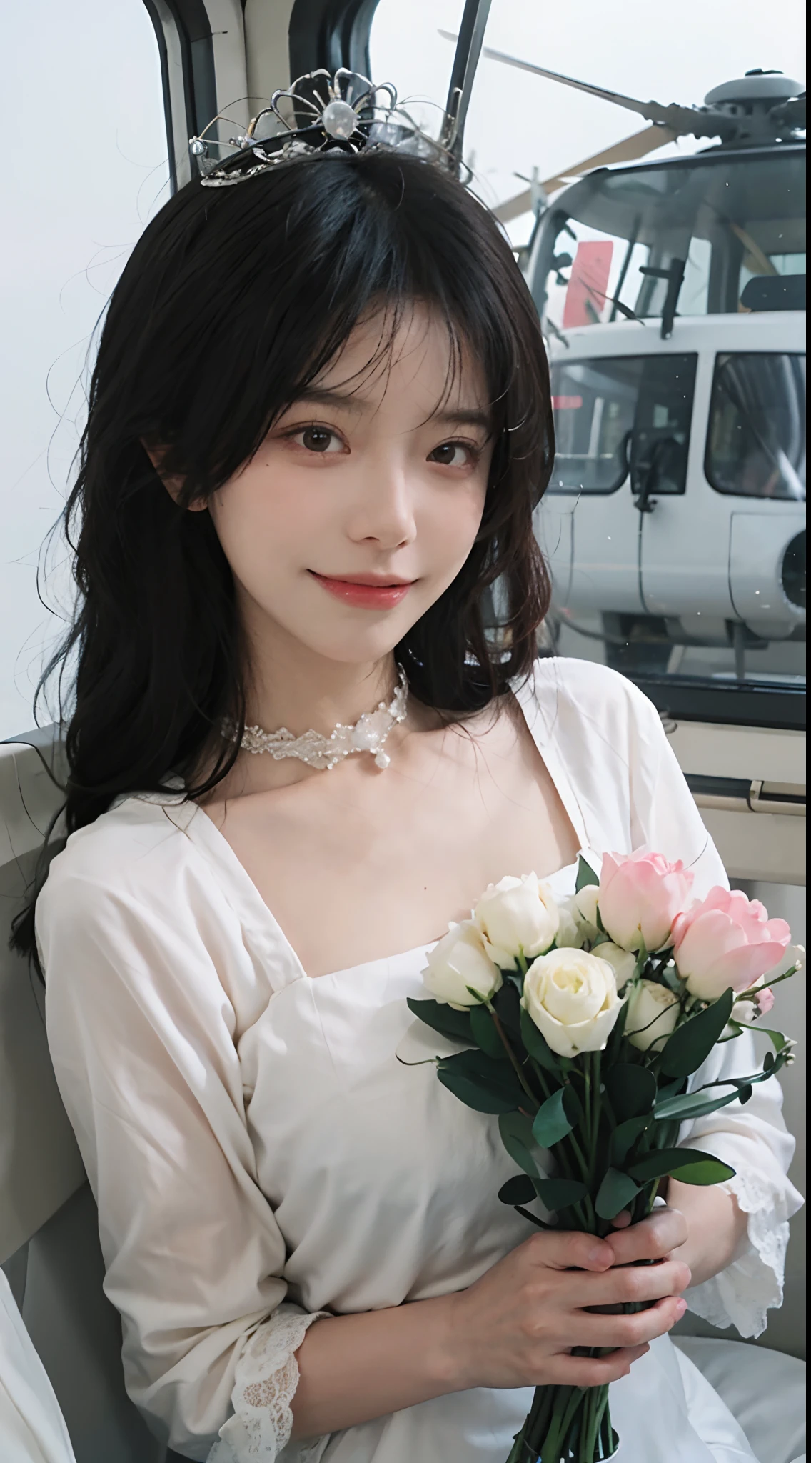 best qualtiy，tmasterpiece，超高分辨率，（realisticlying：1.4），2girls，winking，self-shot，a picture，Large wavy curls，Goose egg face，tiara crown，Enchanted smile，二重まぶた，A pair of peach blossom eyes，Lace wedding dress，Pure，choker necklace，adolable，Snow-white translucent skin，head straight-looking at viewer，On a helicopter，Full of atmosphere，hair pin：1.4，（The upper part of the body：1.4），