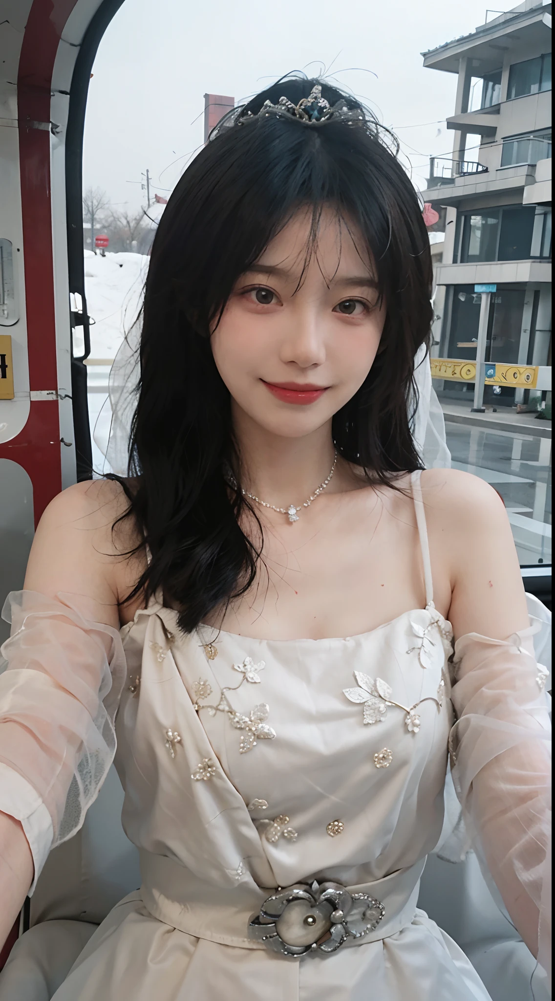 best qualtiy,tmasterpiece,超高分辨率,(realisticlying:1.4),2girls,winking,self-shot,a picture,Large wavy curls,Goose egg face,tiara crown,Enchanted smile,二重まぶた,A pair of peach blossom eyes,Lace wedding dress,Pure,choker necklace,adolable,Snow-white translucent skin,head straight-looking at viewer,On a helicopter,Full of atmosphere,hair pin:1.4,(The upper part of the body:1.4),