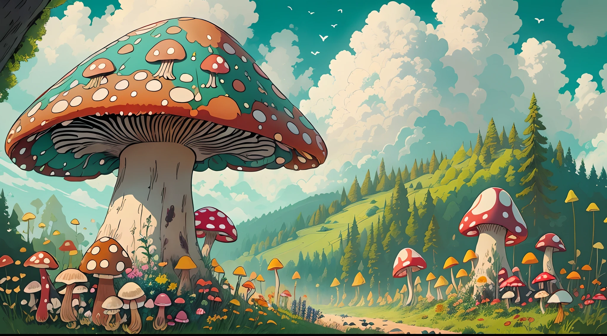 with a realistic、Be authentic、beautifly、mushrooms、a large amount of mushrooms、the woods、in woods、road in forest、Farbe々Colored mushrooms、large mushroom、giant mushroom、Amazing landscape oil painting Studio Ghibli Hayao Miyazaki petal meadow with blue sky and white clouds --v6