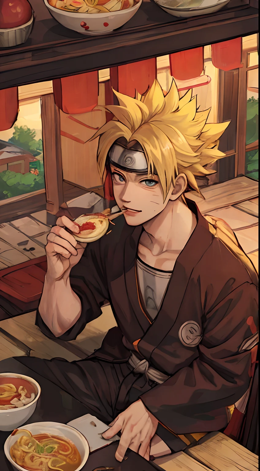 Masterpiece portrait of a man Naruto enjoying Ramen at a yatai in the Leaf village , naruto,  shippuden, yellow spiky hair