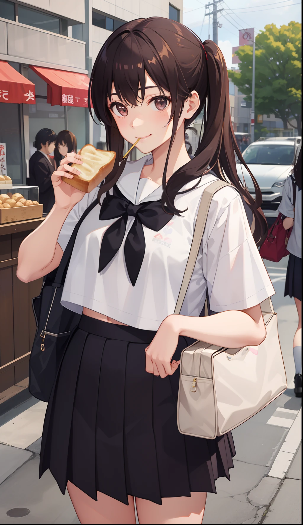 1girl in、A smile、The shirt、skirt by the、(small tits)Chilarism、Japan High School Student Uniform、serafuku、summer clothing、morning、Coming to school、Holding bread in your mouth、(Sheer Bra)、Upper body portrait、blonde hair、