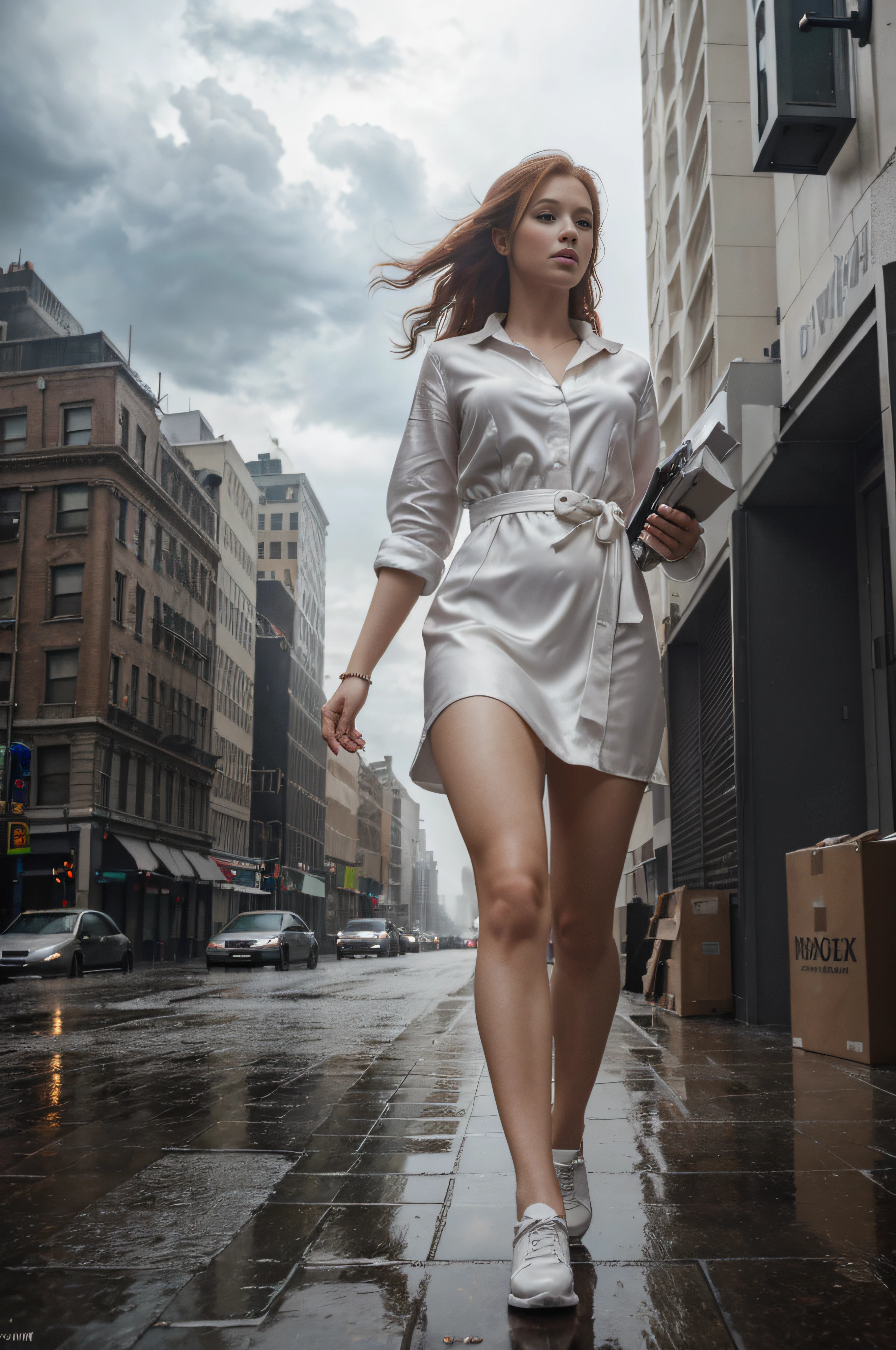 a woman in a white silk dress is (walking) down the street, cloudy and rainy weather, delivering packages and boxes, escape from New York, military girl, soaring above a dense city, workers revolution, poster, surveillance, print, ( waitress ) girl, young redhead girl in motion, people run on the street,(8k, RAW photo, best quality, masterpiece:1.2), ultra high res, photorealistic:1.4),Cinematic Light,(soft volumetric lighting:1.2), (realistic, photo-realistic:1.37), detailed skin, professional lighting, Photography, Sharp focus, detailed, professional lighting, photon mapping, detailed and intricate environment, highly detailed,best quality,8k artistic photography, photorealistic concept art, soft natural volumetric cinematic perfect light, MIDJOURNEY, 3DMDT, (cloudy and rainy weather), [cloudy and rainy weather]