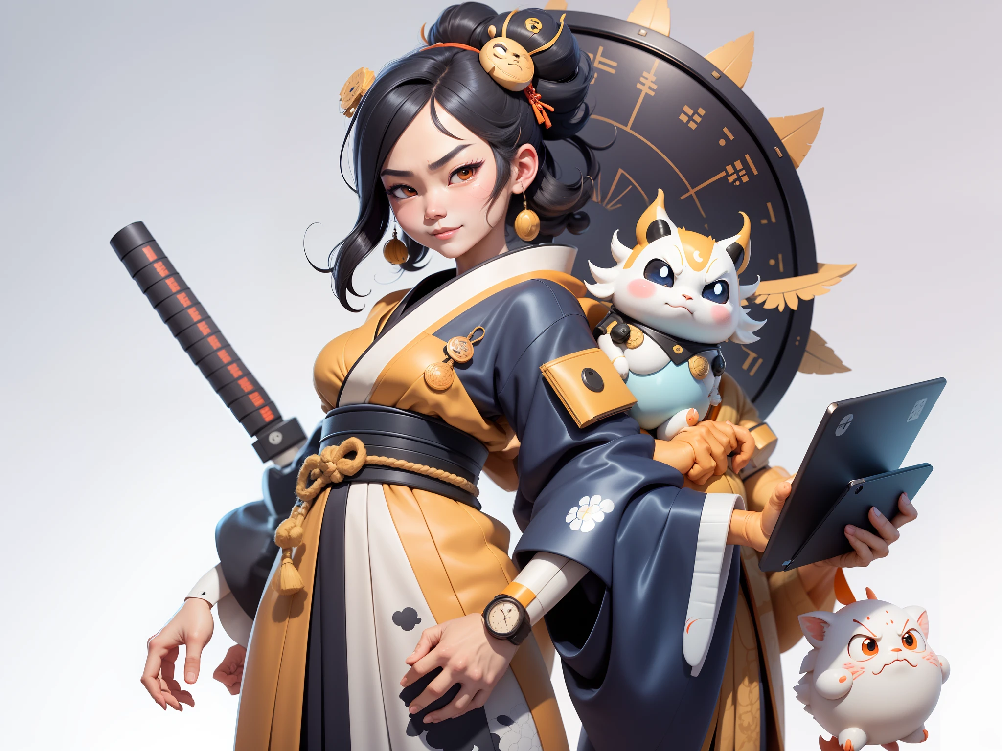 (Daisaku),(Need),(Super meticulous),(full bodyesbian:1.2),Japanese ukiyo-e girl,japanese geisha,Beautiful,Oriental dragon,Aeolian Thor,Raised sexy,爆乳,Oriental face,TV Anchor,Bust portrait illustration,Alone,In black suit,a blue tie,The face is slightly chubby,The face was clean,without a beard,Black super short hair,Black eyes,Smile confidently,3C computer sub-products,iPad, iphone,Digital painting,3D character design by Mark Clairen and Pixar and Hayao Miyazaki and Akira Toriyama,The illustration is a high-definition illustration in 4K resolution,With very detailed facial features and cartoon-style visuals。
