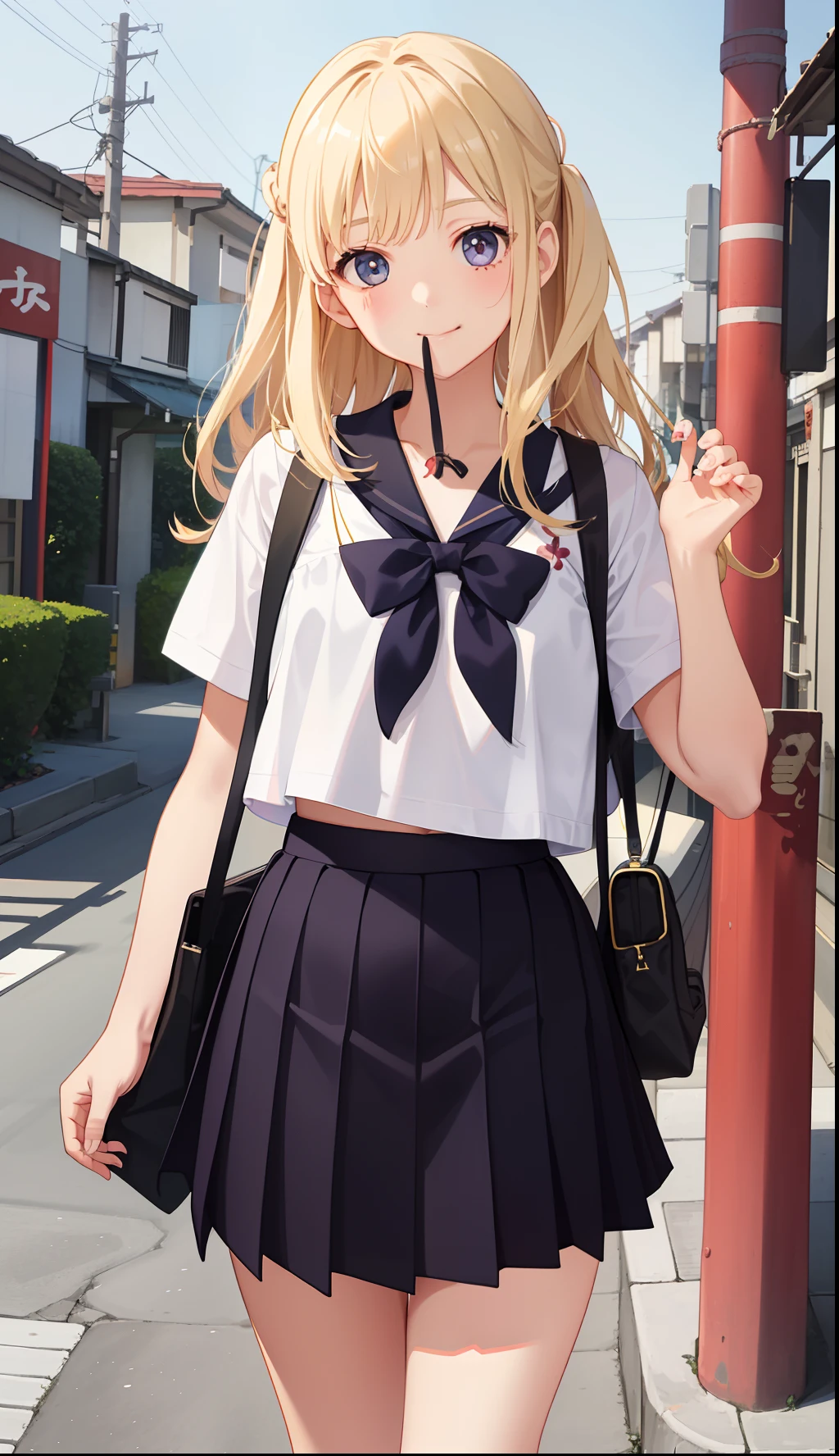 1girl in、A smile、The shirt、skirt by the、(small tits)Chilarism、Japan High School Student Uniform、serafuku、summer clothing、(Sheer Bra)、blonde hair、run!!Spring breeze and、