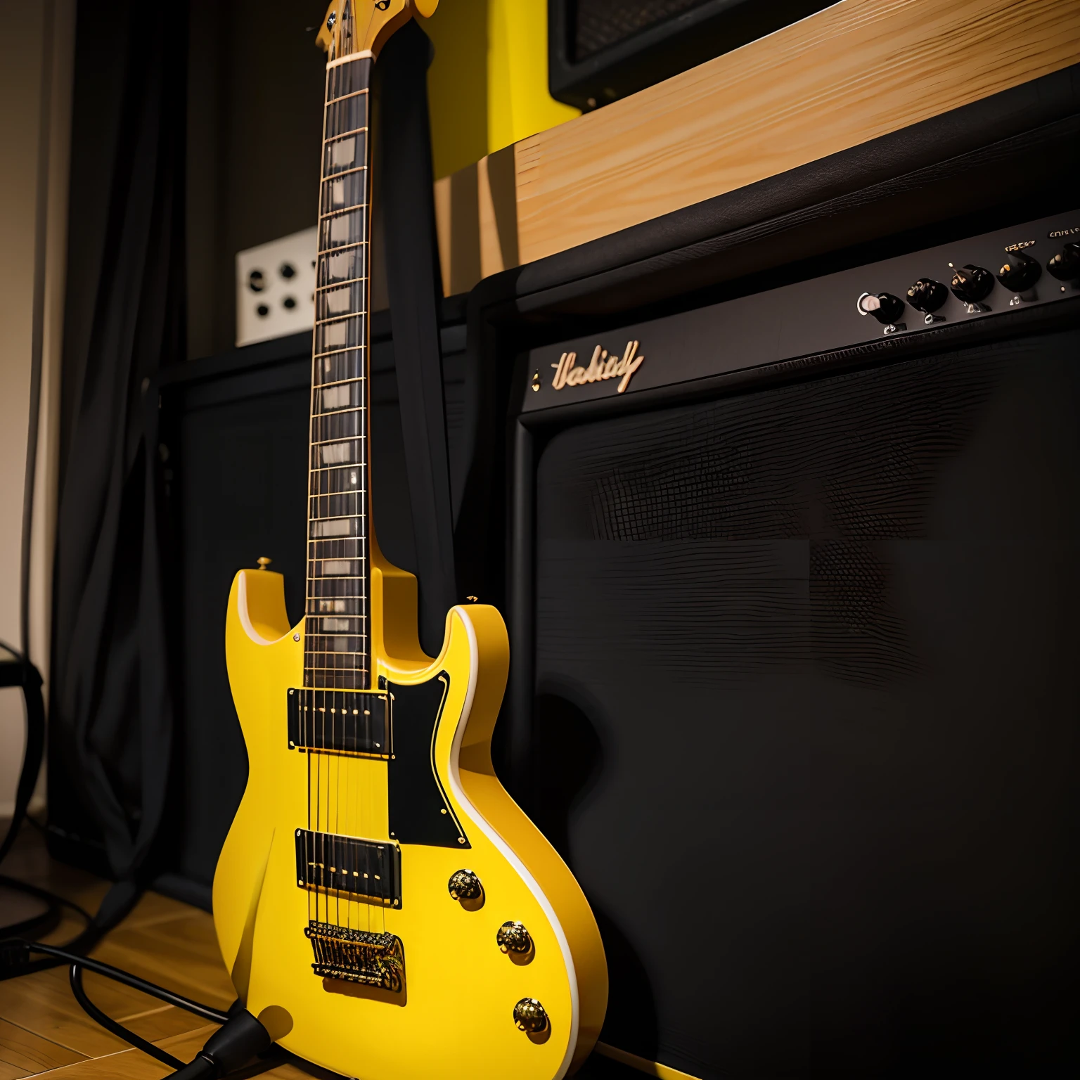 hiquality、Realisticity、Top image quality、electric guitars, real guitars hanging on the wall, Guitar, Futuristic Electric Guitar, electric guitar, black and yellow, yellows and blacks, darkly, Musical instruments that shine, Wicked Guitar, Dark black and yellow, Black and yellow color scheme, yellow and black color scheme、1 guitar only、Enhanced configuration、low angles、Realisticity、Top image quality、