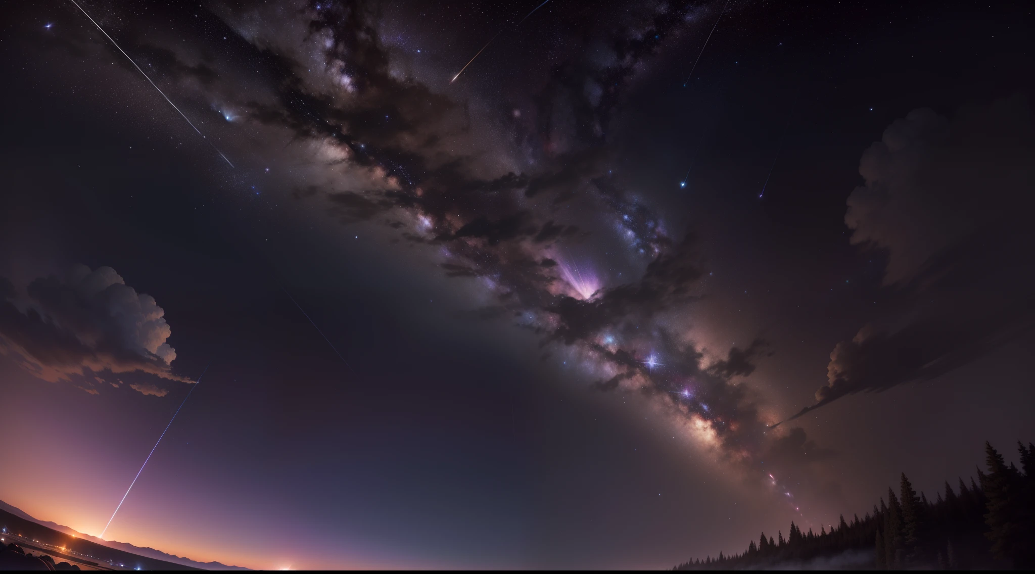 (zoomed out:1.1), (meteor shower:1.2), (comet:1.1), low angle, aroura borealis, shooting star, cloud, colorful, starry, stars, night, flower field, flower blossom, night sky, beautiful flowers, night theme, Surrealism, high detail, from below, from below, Hyperrealism, Impressionism, best quality, masterpiece, UHD, retina, award winning, 4K, anatomically correct, super detail