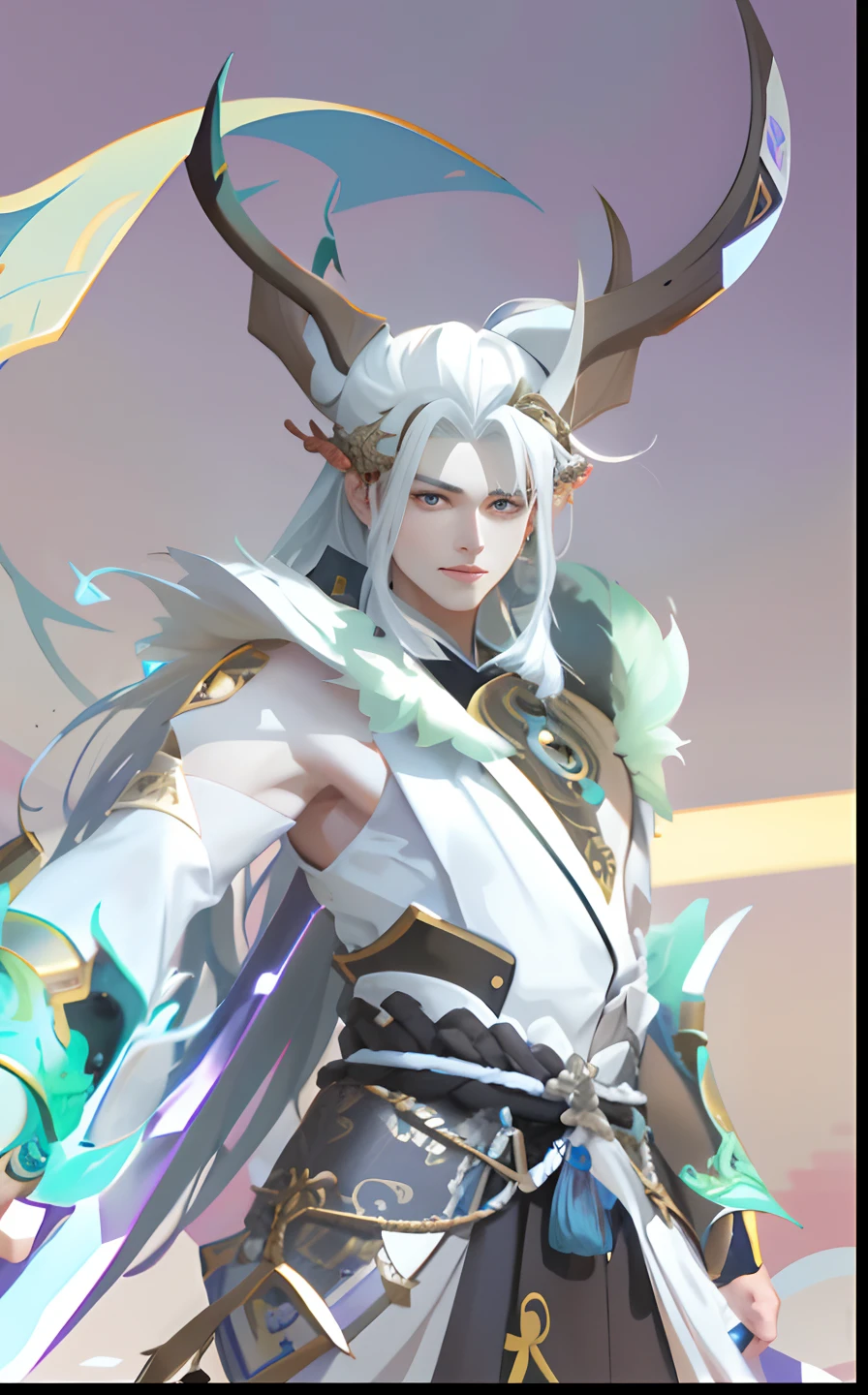 a close up of a person with a horned head and a sword, heise jinyao, Inspired by Huang Shen, drak, Keqing from Genshin Impact, zhao yun, fit male demon with white horns, Inspired by Bian Shoumin, Inspired by Seki Dosheng, zhongli from genshin impact, inspired by Du Jin, xianxia hero