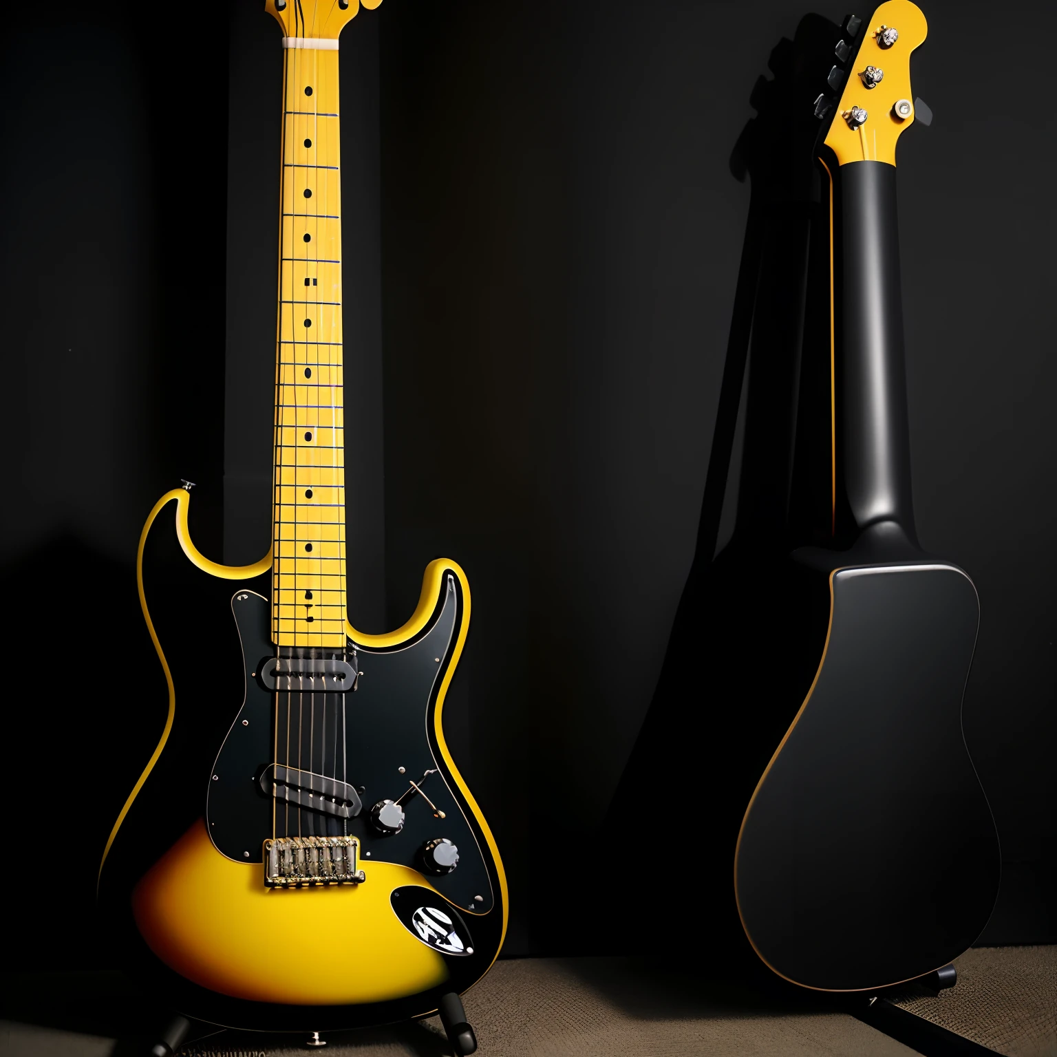 hiquality、Realisticity、Top image quality、electric guitars, real guitars hanging on the wall, Guitar, Futuristic Electric Guitar, electric guitar, black and yellow, yellows and blacks, darkly, Musical instruments that shine, Wicked Guitar, Dark black and yellow, Black and yellow color scheme, yellow and black color scheme、1 guitar only、Enhanced configuration、low angles、Realisticity、Top image quality、Texture visible、Like being in water