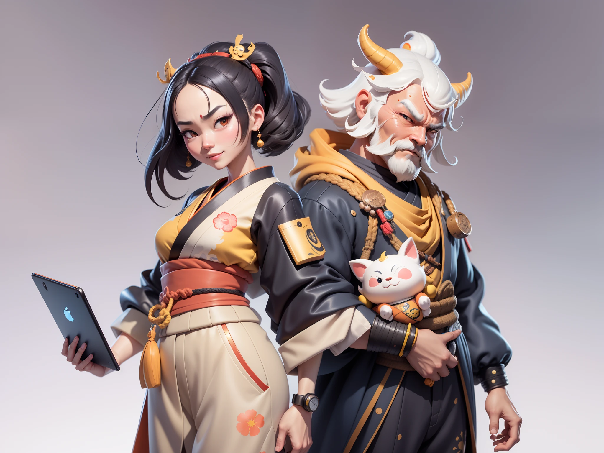 (Daisaku),(Need),(Super meticulous),(full bodyesbian:1.2),Japanese ukiyo-e girl,japanese geisha,Beautiful,Oriental dragon,Aeolian Thor,Raised sexy,爆乳,Oriental face,TV Anchor,Bust portrait illustration,Alone,In black suit,a blue tie,The face is slightly chubby,The face was clean,without a beard,Black super short hair,Black eyes,Smile confidently,3C computer sub-products,iPad, iphone,Digital painting,3D character design by Mark Clairen and Pixar and Hayao Miyazaki and Akira Toriyama,The illustration is a high-definition illustration in 4K resolution,With very detailed facial features and cartoon-style visuals。