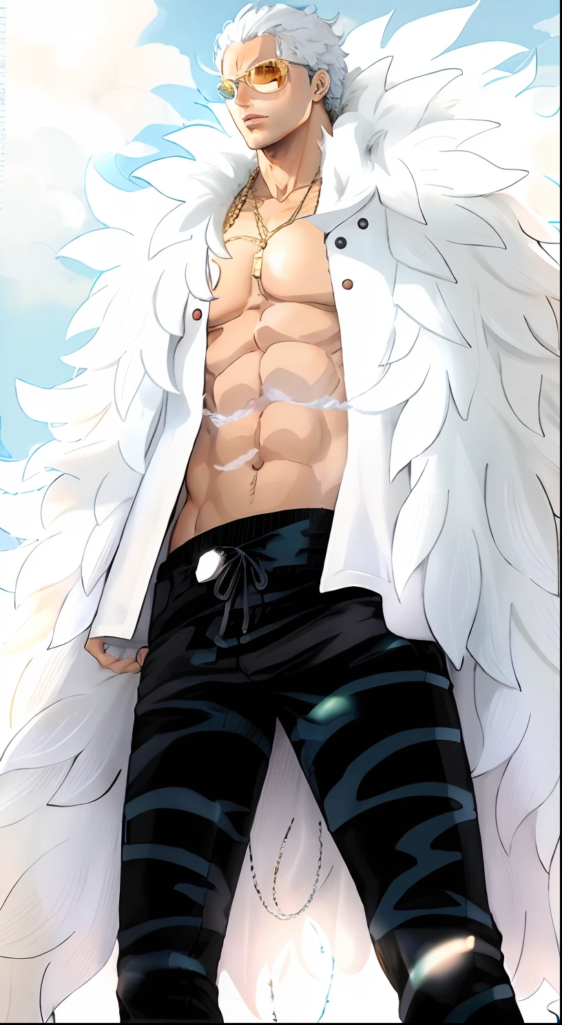 a man in a black feather jacket and white pants, peito fofo, from one piece, Iconic character white color , olhos azuis, his trunk is a huge tentacle, Close-up de corpo inteiro, his trunk is a long tentacle, corpo chiclete, corpo fofo, vestindo trajes de concha, Personagem de anime; arte de corpo inteiro, Estilo One Piece