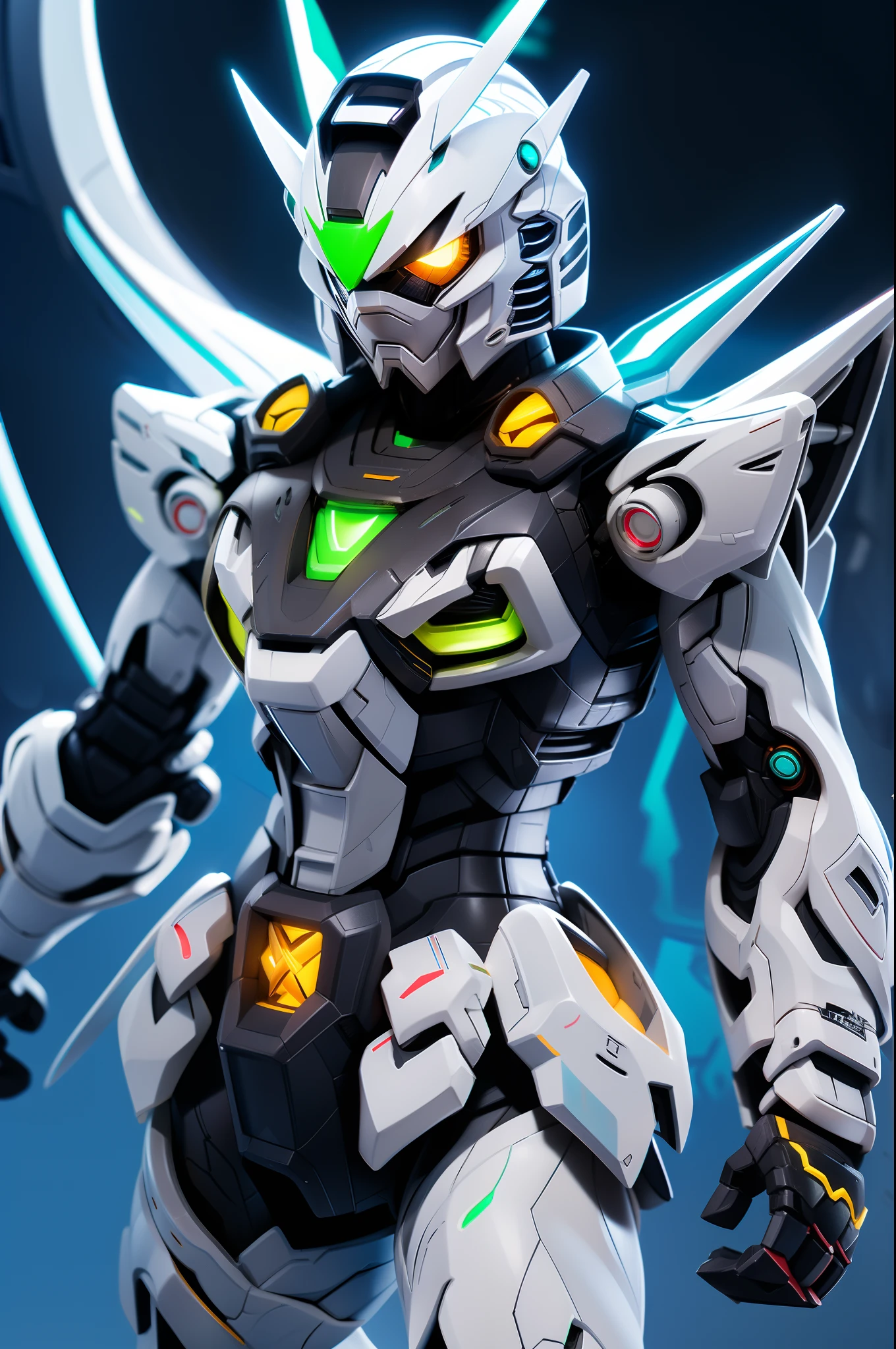 8K,clear silhouette、Clear solid lines、ninjartist、Electromechanical、siluette、cyber punk perssonage、A logo、Mechanic、Heroic、traffic jam、knifes、vivd colour、Back alley、glowing light eyes、Flying shuriken、acrobatic pose、A ninja、Aura of green flame、japanese-inspired、toyko、Neon Street、Masks、glowing light eyes、Activate ninjutsu、The afterimage of the movement is represented by neon colors.、Crazy smiling ninja、Kamen Rider、Heisei Knights、Heisei Kamen Rider、Knight of Reiwa、Reiwa Kamen Rider、ironman、Ultraman,War suit、Mechanical armor、Gloss metallic luster、A body that blooms in bright colors、A halo of vibrant colors、Full face helmet、Eyes that glow white、muffler、The muffler flutters in the bright colored wind、Android、