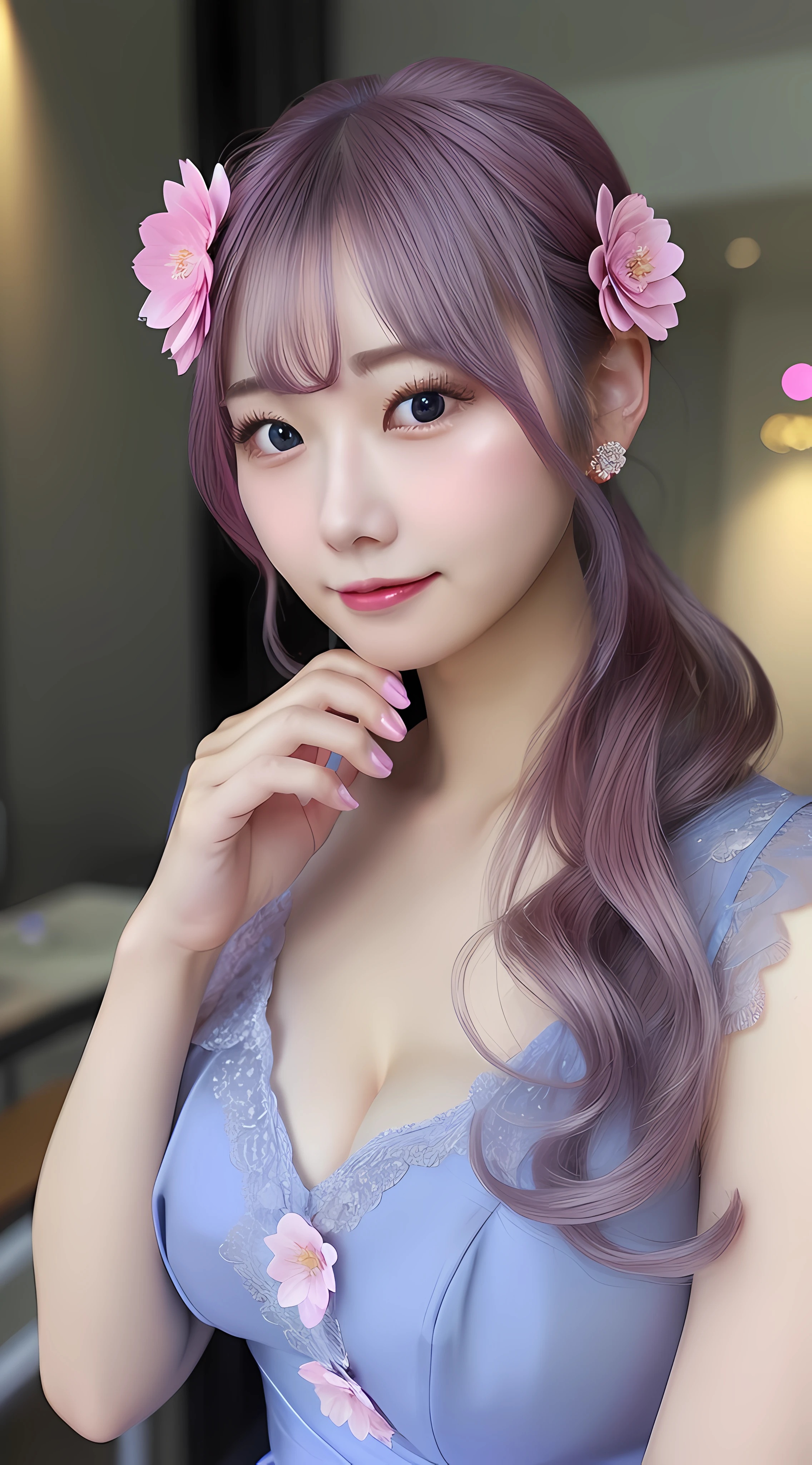 Woman in pink dress,真实感，Faded gray hair，A flower stuck in his hair,  Chinese women，Delicate facial features，gigantic cleavage breasts：1.2，blue color eyes，