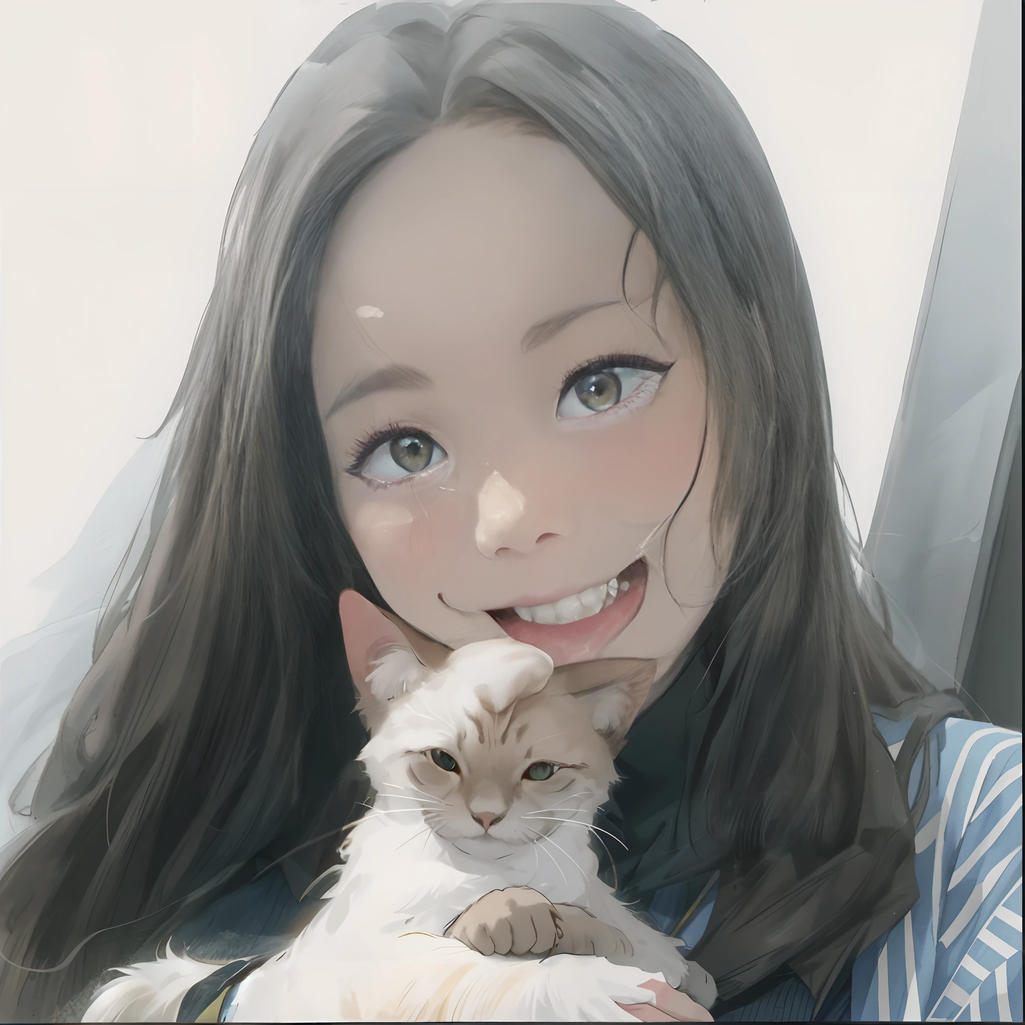 A woman holds a cat in her arms,, she is holding a cat in her arms, very beautiful cute catgirl, big cheeks holding her cat, Toothy smiled, Holding a cat, with cute doting eyes,style of anime,quadratic element,Straighten your teeth