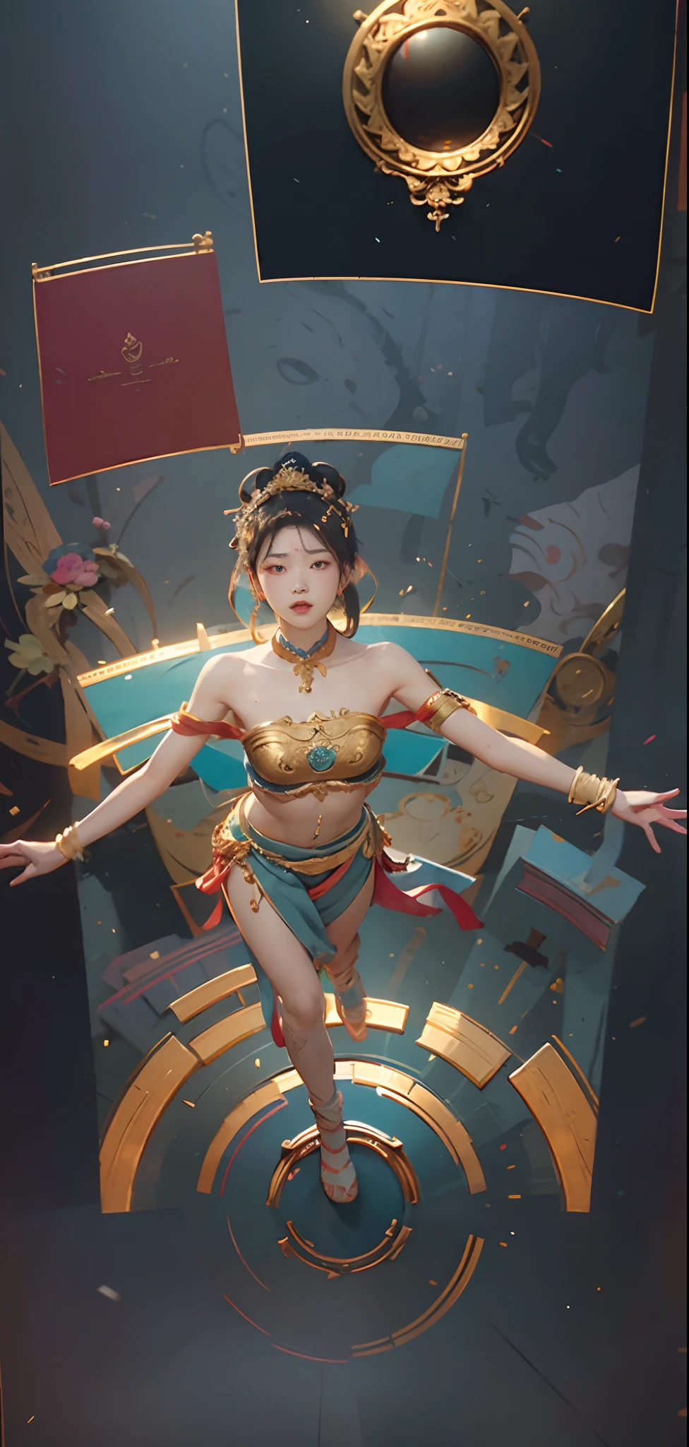 one-girl,Surrounded by fluttering ribbons,clean backdrop,Dunhuang style,ultra-realistic realism,ultra-realistic realism,suprerralistic,classicism,hyper HD,retinas,tmasterpiece,ccurate,textureskin,anatomy correct,super detailing,high detal,high qulity,1080P,A high resolution,best qualtiy,Award-Awarded,16k,8k,4K,k hd