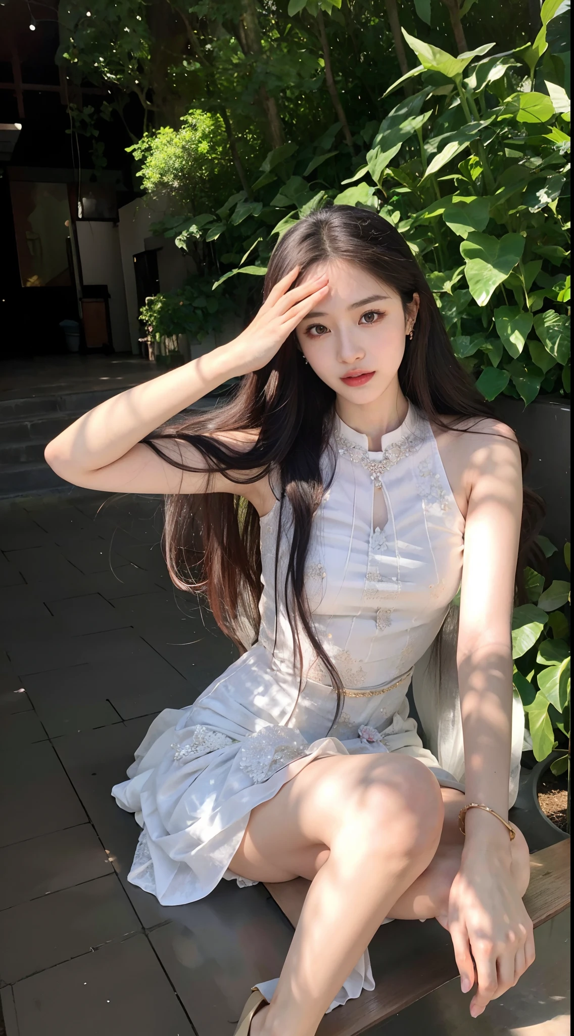 Araki woman sitting on a bench in the garden，There is a flower pot, hot with shining sun, gorgeous chinese models, With long hair, Translucent dress, Asian girl with long hair, a stunning young ethereal figure, Attractive pose, belle delphine, with long hair and piercing eyes, cute elegant pose, li in dress, long  white hair