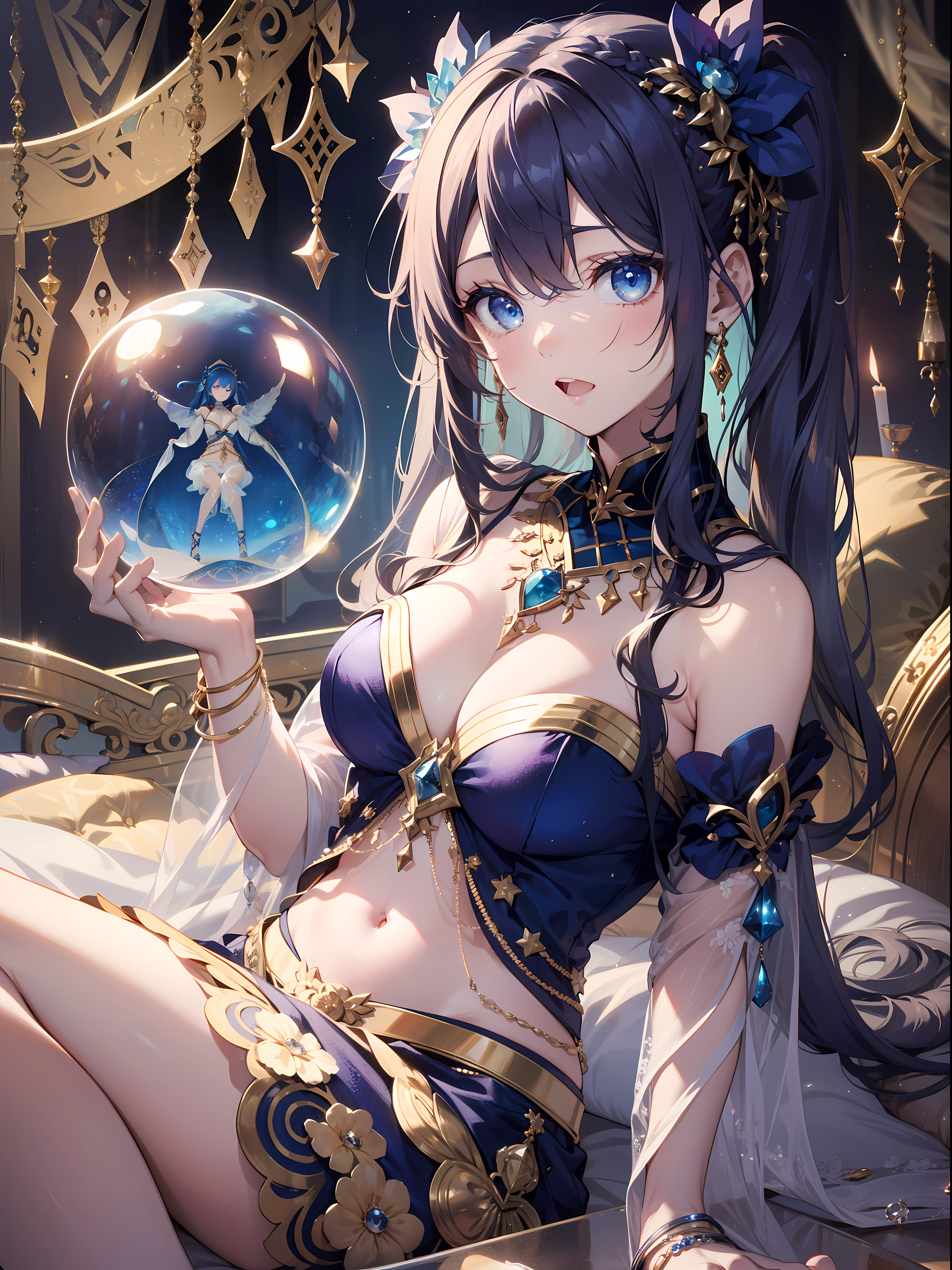 Belly dance、(((veils)))、((crystal ball))、astrologer、(((tarot cards))), (masutepiece:1.4), (top-quality:1.4), Ultra high definition, max resolution, Very detailed, Professional Lighting, One girl sit on sofa, slender, Very cute, Young Face, ((long twintail))、((bleu hair)), Pink and white dress, Golden decoration, (Sheer clothes: 1.1), Blue eyes, Opening Mouth、candle、Atmospheric light, from above