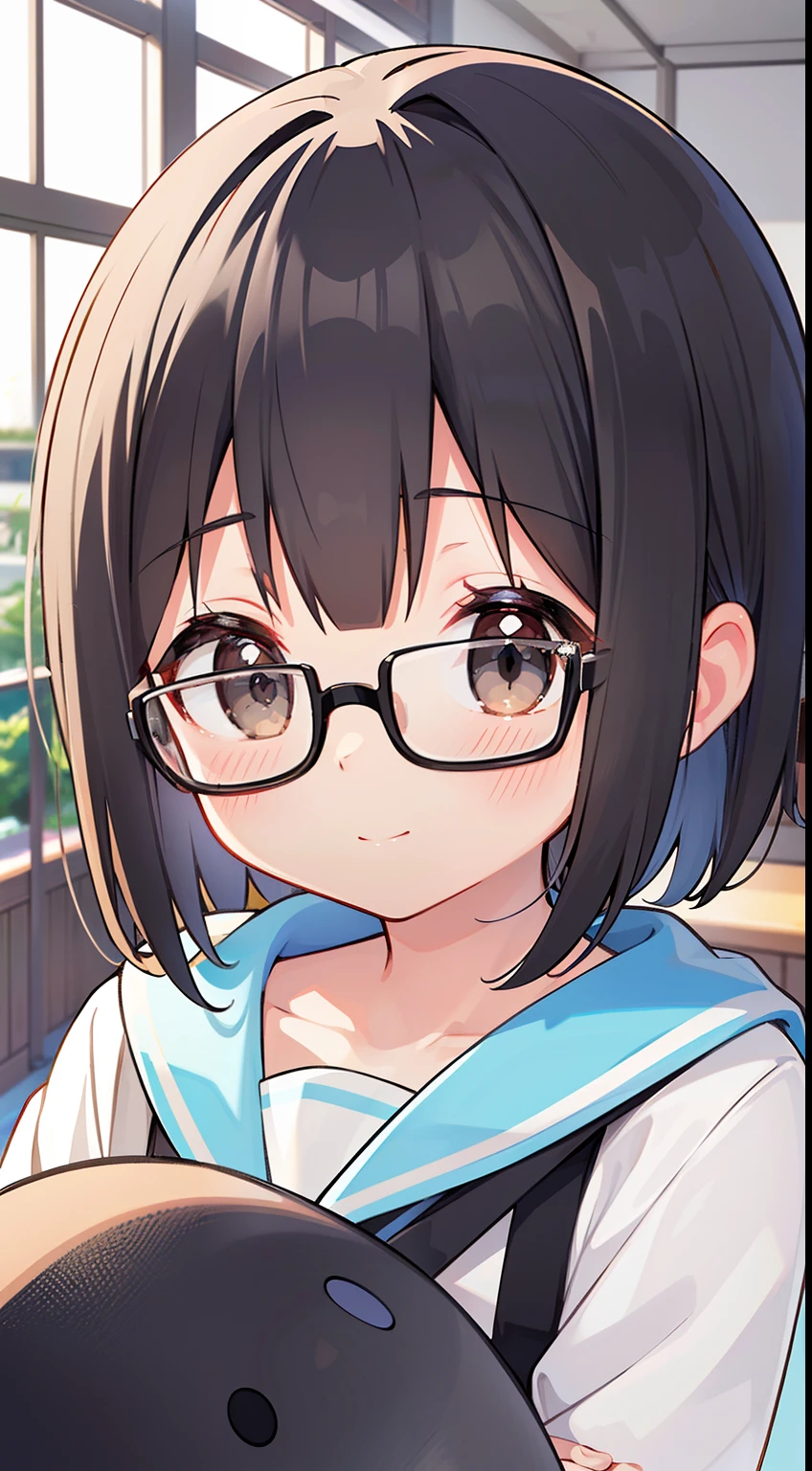 (masutepiece, Best Quality, Capture super cute moments, depth of fields, ultra-detailliert, Ultra High Resolution, C4D, Octadale, 3D Modeling, 8K, 16 K, girl with、a 、A dark-haired、short-hair、straight haired、Light brown eyes、hair adornments、wearing black glasses、cute face)、Are sleeping、Holding an eggplant