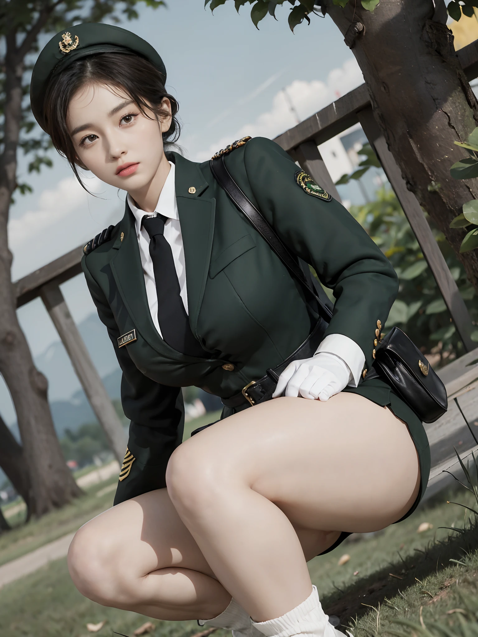 Very detailed CG unity 8K wallpaper，（tmasterpiece），（best qualtiy），（ultra - detailed），（Ultra photo realsisim），（best character detail：1.36），Nikon D750 f / 1.4 55mm，profesional lighting， physically-based renderingt, 1girll, Female soldier，army suit，Green military uniform，Fabric texture military uniform，The jacket is lined with a plain white shirt，Dark green tie，Army green skirt，military hat，Black hair，the golden ratio,[:(com rosto detalhado:1.2):0.2]:,PureErosFace_V1, broad shoulder,(Bigchest:1.5),(big assa:1.5)，Wide buttock ，Bare legged，Plump legs，Move the center of gravity back，Squat on the grass，Spread your legs apart，white  panties，whitestocking，without wearing shoes，hands lying on thighs，Soaked with sweat，red flags，At the cafe，Night Street，bright sun，Look at the audience from the front，Bright smile，White teeth，lighting，Contre-Jour，