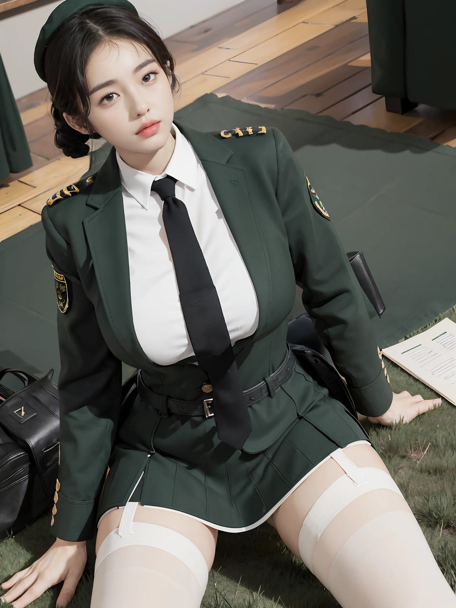 Very detailed CG unity 8K wallpaper，（tmasterpiece），（best qualtiy），（ultra - detailed），（Ultra photo realsisim），（best character detail：1.36），Nikon D750 f / 1.4 55mm，profesional lighting， physically-based renderingt, 1girll, Female soldier，army suit，Green military uniform，Fabric texture military uniform，The jacket is lined with a plain white shirt，Dark green tie，Army green skirt，military hat，Black hair，the golden ratio,[:(com rosto detalhado:1.2):0.2]:,PureErosFace_V1, broad shoulder,(Bigchest:1.5),(big assa:1.5)，Wide buttock ，Bare legged，Plump legs，Move the center of gravity back，Squat on the grass，Spread your legs apart，white  panties，whitestocking，without wearing shoes，hands lying on thighs，Soaked with sweat，red flags，At the cafe，Night Street，bright sun，Look at the audience from the front，Bright smile，White teeth，lighting，Contre-Jour，