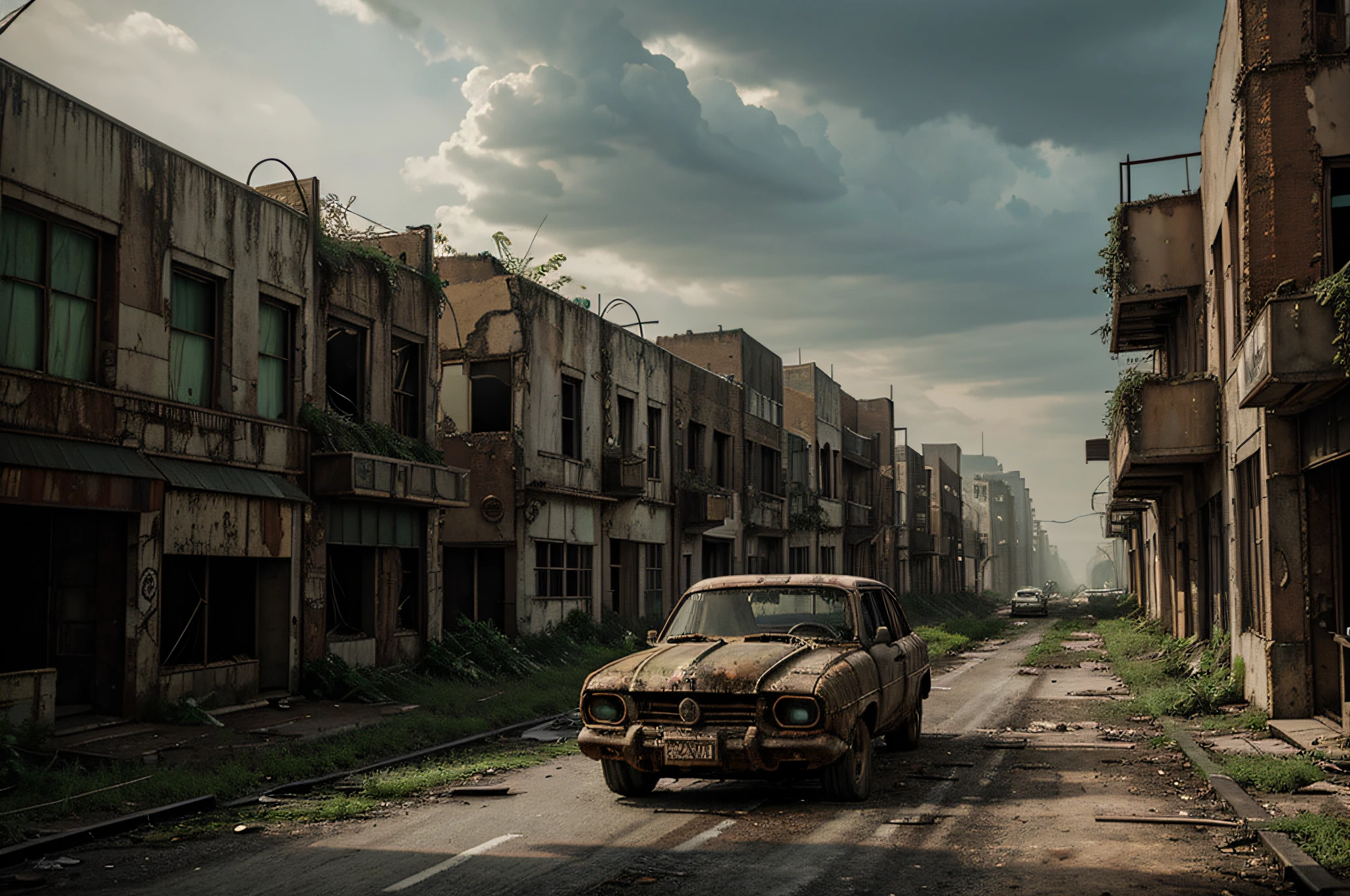 "Abandoned City, post-apocalyptic, desolate, crumbling architecture, overgrown with plants, eerie atmosphere, abandoned vehicles, hauntingly beautiful, dramatic lighting, rusted metal, decaying buildings, nature reclaiming the urban landscape."