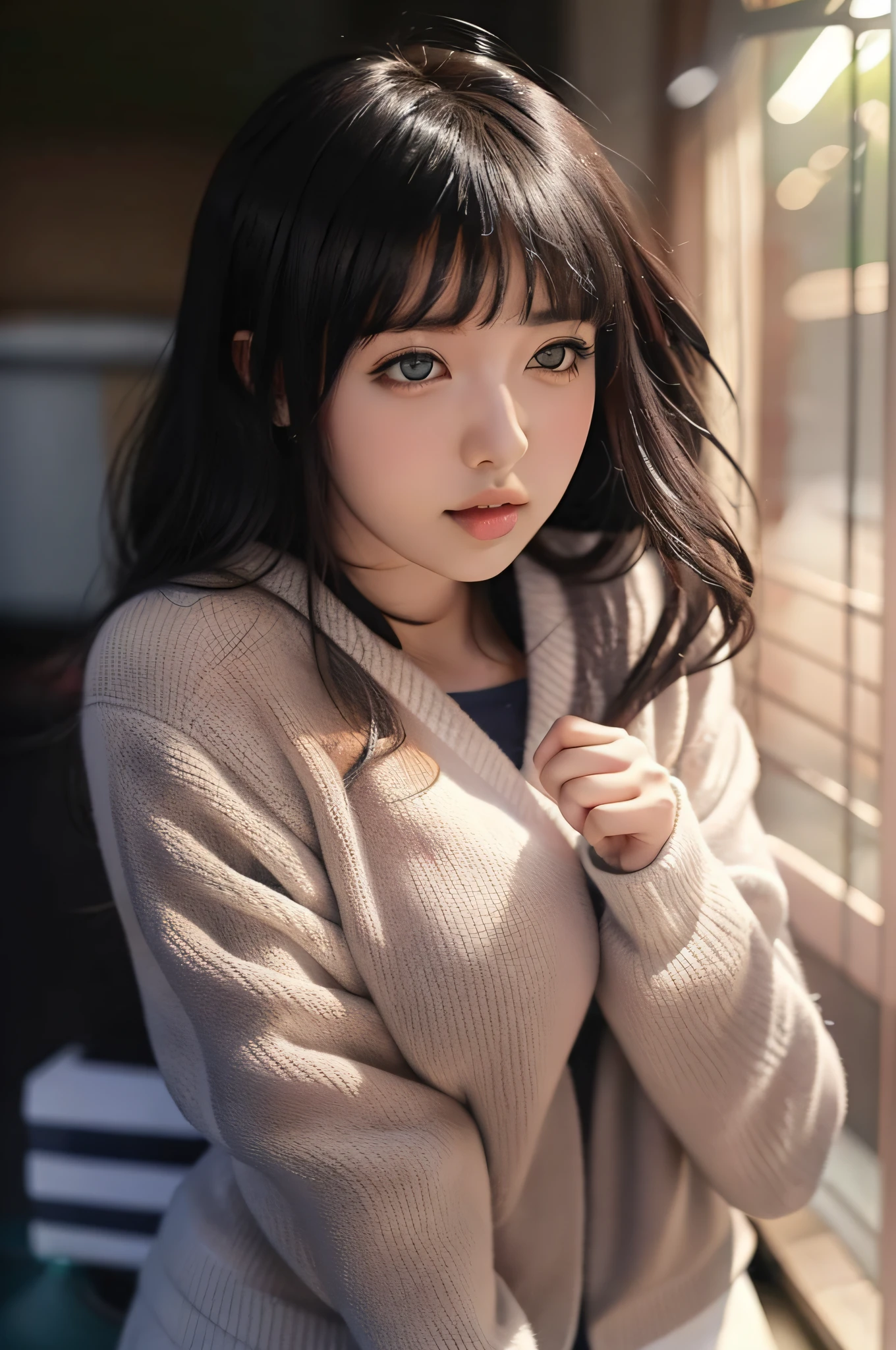 perfect lighting, 1girl, Hinata, hyuuga hinata, seis grandes ,garota 18 anos ,seios grandes , roupa decotada, moletom branco, olhos brancos