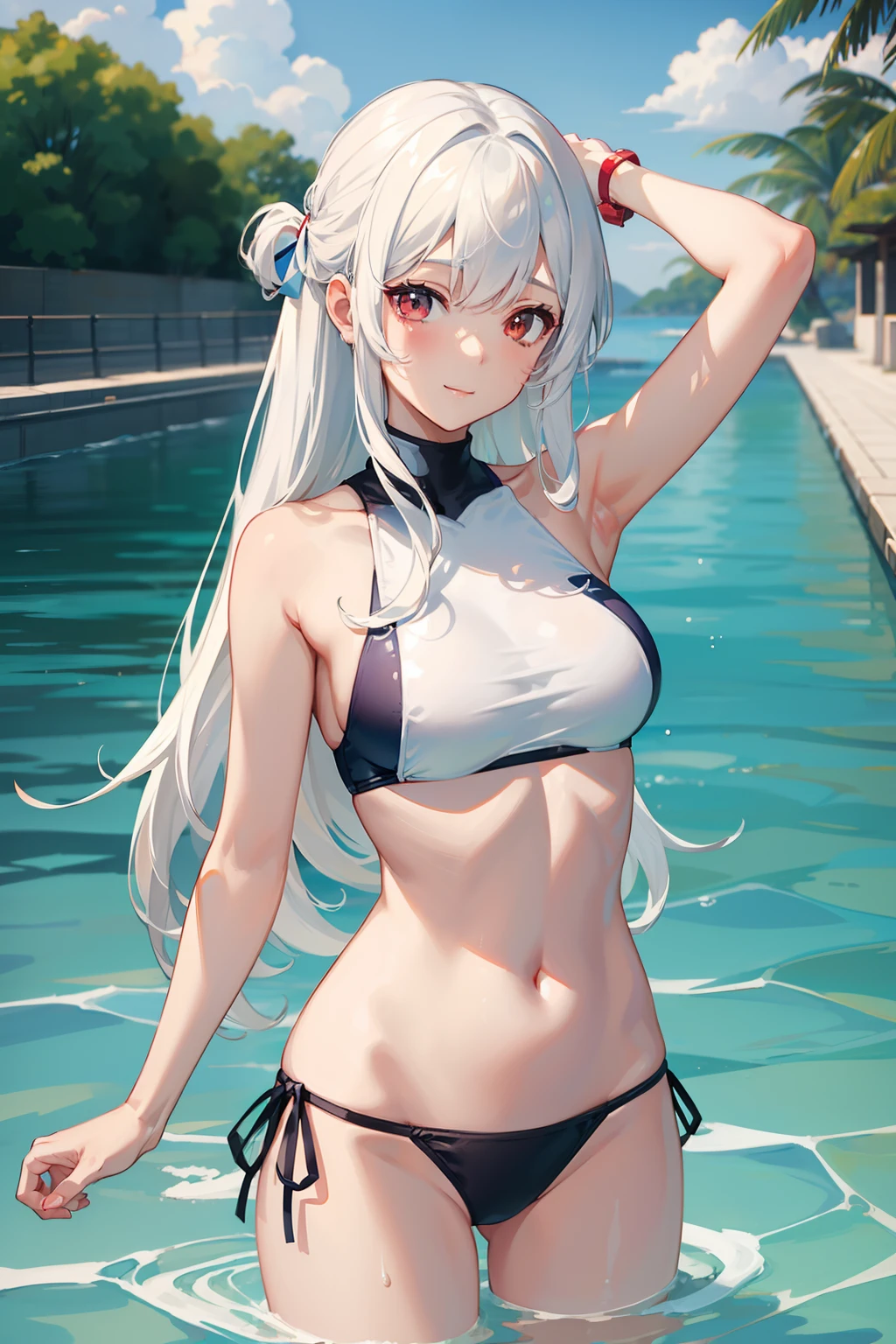 ​masterpiece、top-quality、1girl in。(swim wears:1.2), white  hair,Red eyes,(Mare:0.8), (evening glow:0.7),(middlebreast:1.4), (a smile:0.8)