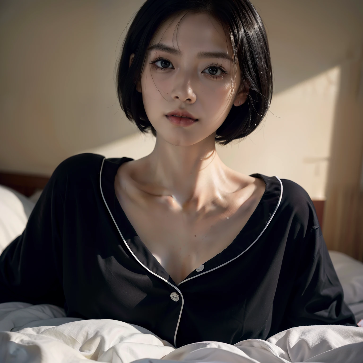 top-quality, ​masterpiece, 超A high resolution, 8K, Unripe, (photographrealistic:1.4), rendered, depth of fields, A slender, hospitals,Hospital room, detailed beautiful faces, 1 rapariga, cute little, 年轻,, Large black eyes, Black Hair Bob,s Pajamas, (s Pajamas:1.3),blanche,raindrops,