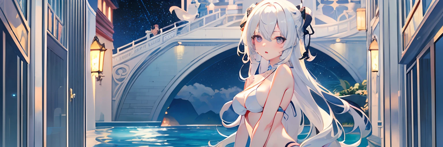 ((Best Quality)), (Ultra-detailed), ((Extremely detailed)), (Beautiful), ((Kawaii Girl)),(two side up hair),Platinum Blonde Hair,Long hair, hair between eye, Wavy Hair, Long sideburns,Jade-colored eyes, White skin,Normal Chest,Slender body,Cross Halter Bikini,Sandals,one woman,background a pool, Night, nighttime scene, Starry sky,