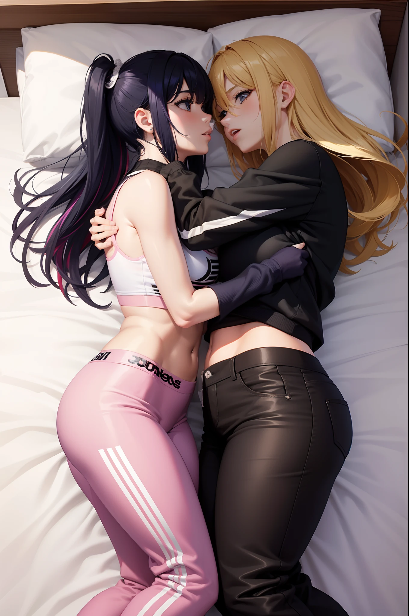 Two women kissing and lying in bed wearing Adidas Baggy pants, cabelos multicoloridos, olhos multicoloridos, anatomia correta, preciso, Super Detalhe, melhor qualidade, pele texturizada, retina correta, Eye correction, beijo realista, corpo inteiro, estilo anime