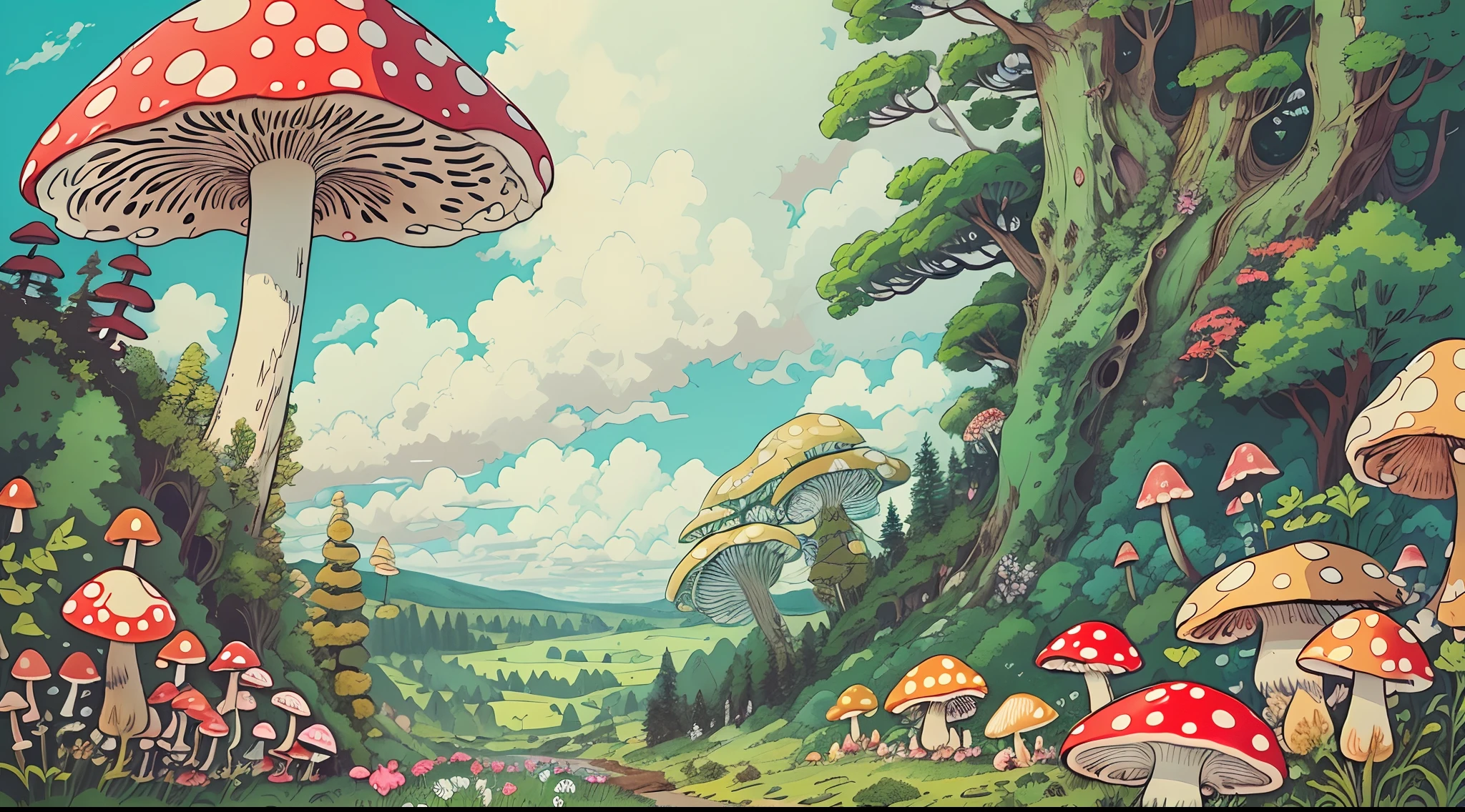 with a realistic、Be authentic、beautifly、mushrooms、a large amount of mushrooms、the woods、in woods、road in forest、Farbe々Coloring mushrooms、large mushroom、giant mushroom、Amazing landscape oil painting Studio Ghibli Hayao Miyazaki petal meadow with blue sky and white clouds --v6