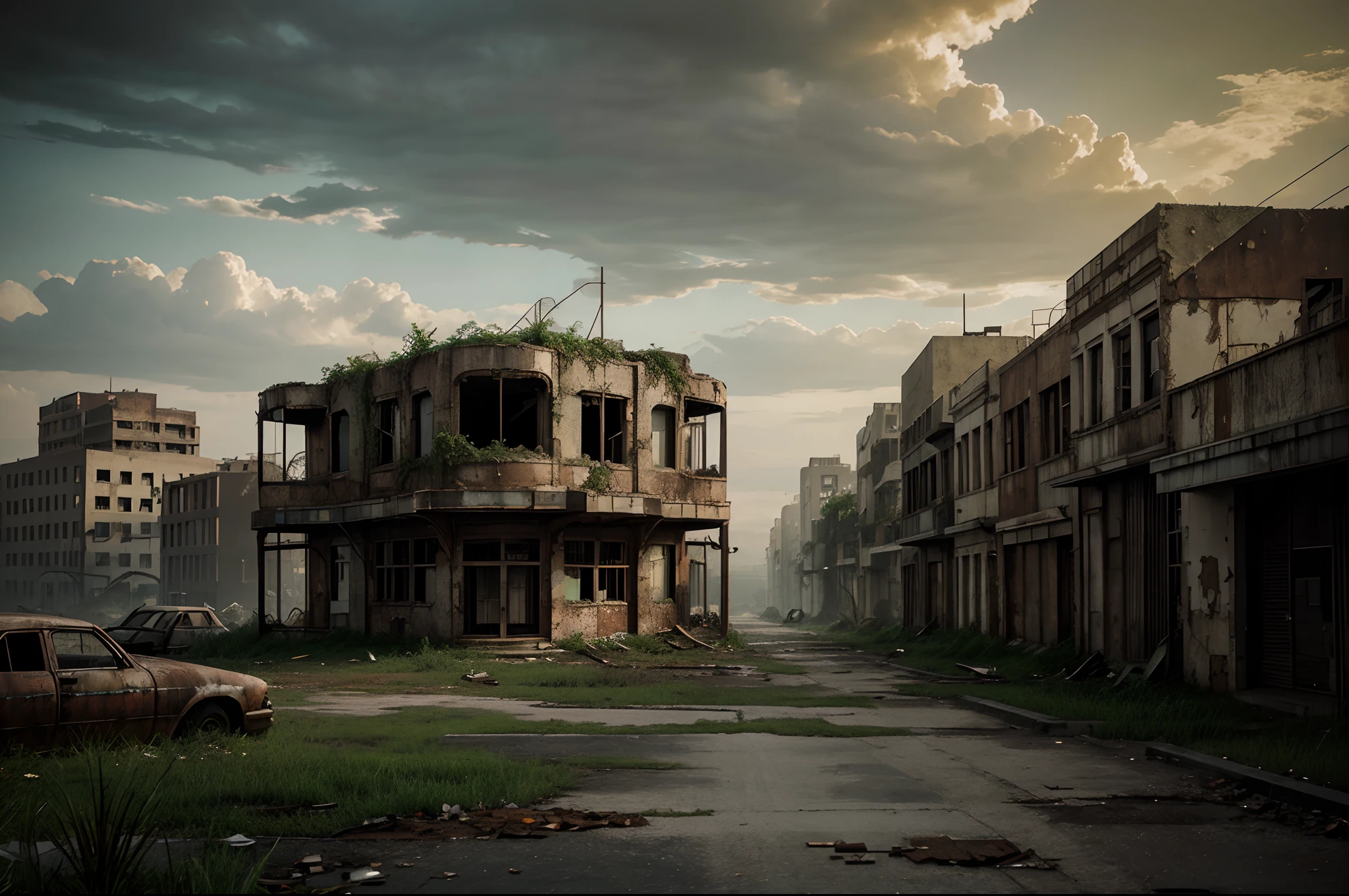 "Abandoned City, post-apocalyptic, desolate, crumbling architecture, overgrown with plants, eerie atmosphere, abandoned vehicles, hauntingly beautiful, dramatic lighting, rusted metal, decaying buildings, nature reclaiming the urban landscape."