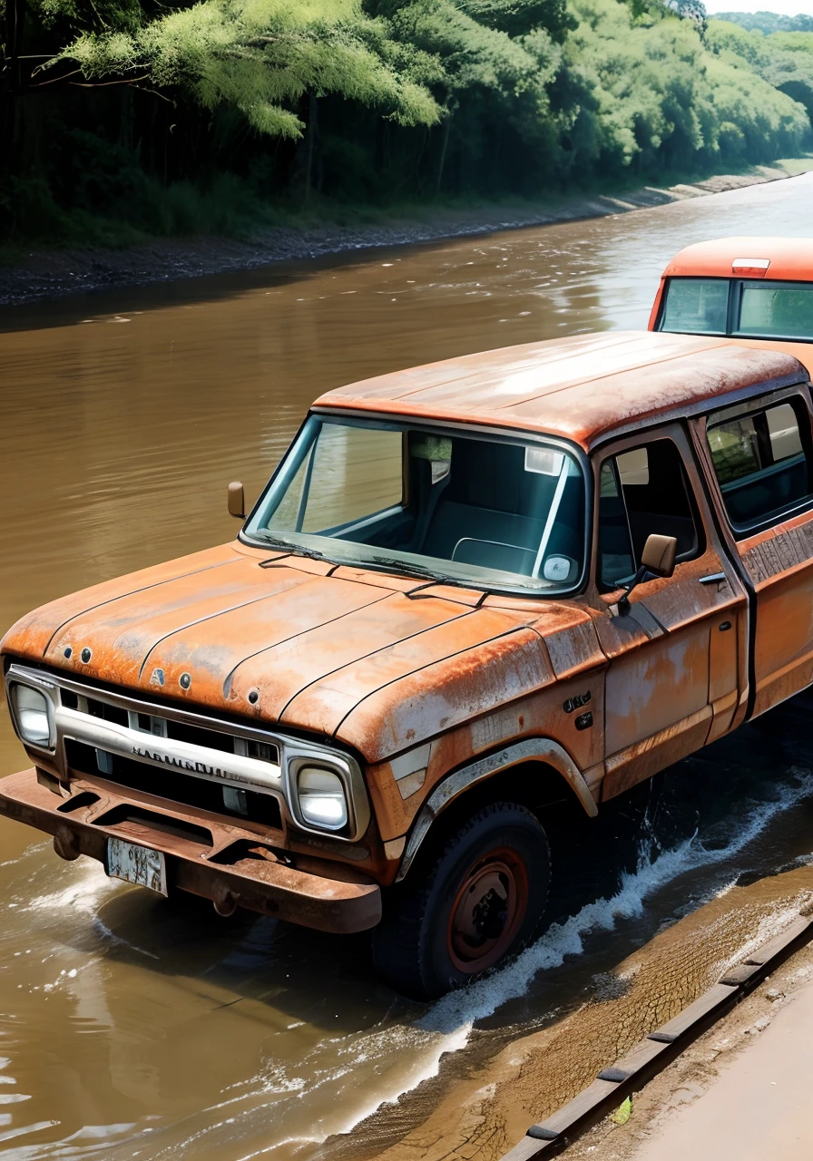 Rusty old pickup truck in the river、Big van,Kawasaki Dairyushi