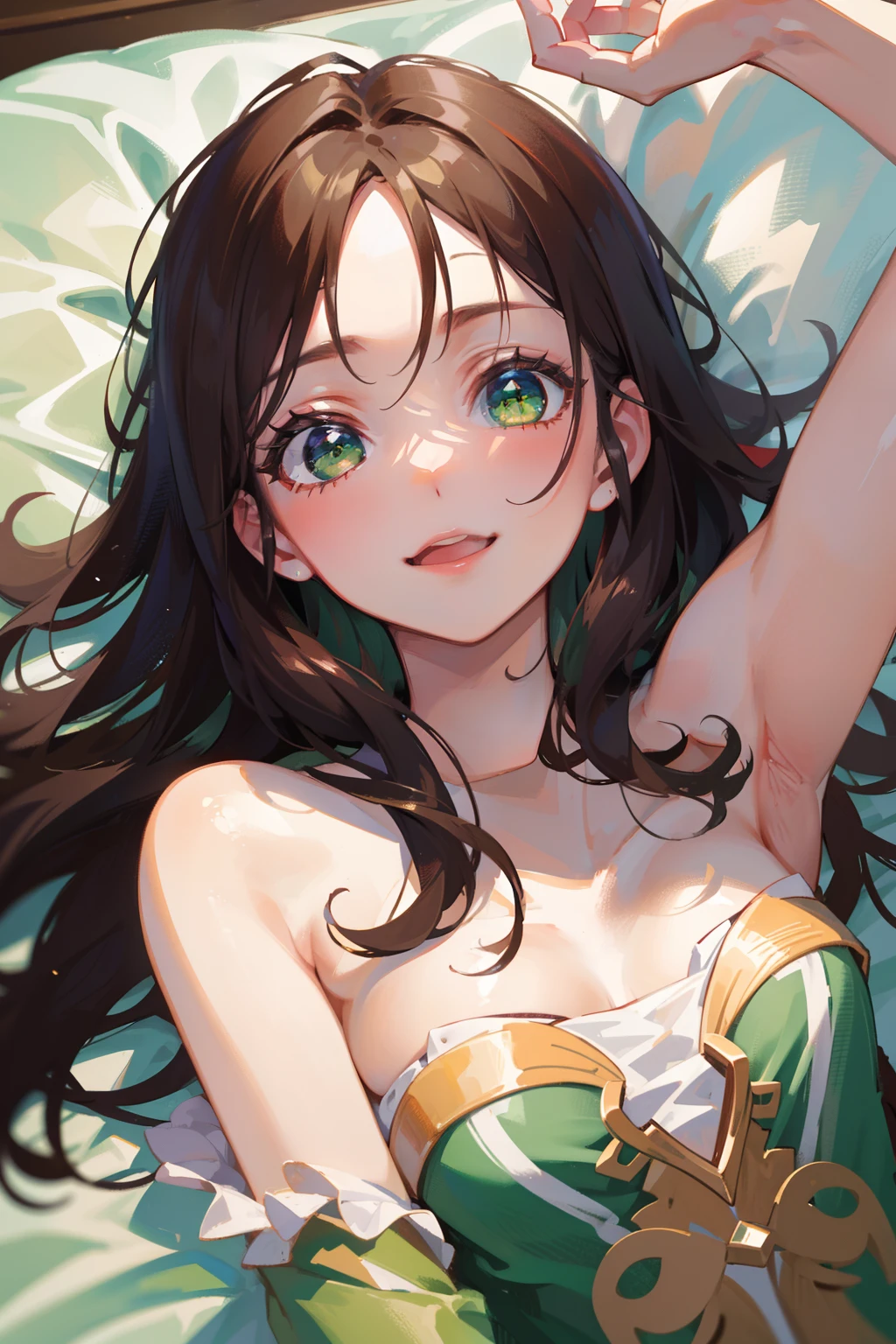 (masterpiece), (best quality), ultra high res, sharp focus, ((1 woman, solo)), warm pastel tone), upper body, medium long shot, MLS, beautiful detailed hair, chesnut brown hair, long hair tumbles down, ((beautiful shape eyes, green eyes)), beautiful detailed face, perfect feminine face, smiles, facing up, look at the viewer, (from above), (bare shoulders), in the comfortable bedroom, lying on back in the bed