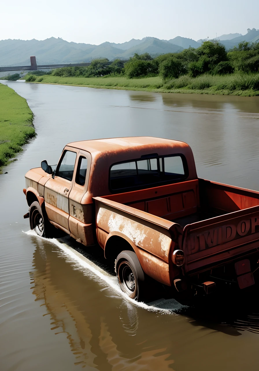 Rusty old pickup truck in the river、Big van，Kawasaki Dairyushi