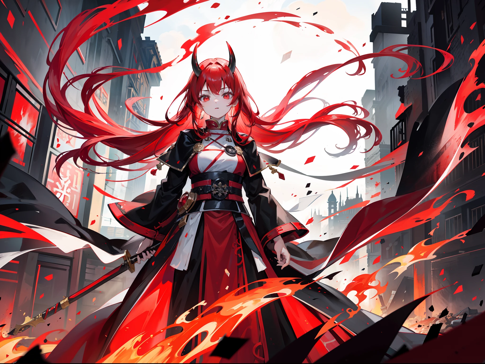 Red-haired beautiful girl,Wearing a burning black demon horn,Wearing a red and black cloak,Red-edged Hanfu on a white background,Surrounded by fire,Holding a huge burning sword,Stand in the middle of a city burned to ruins