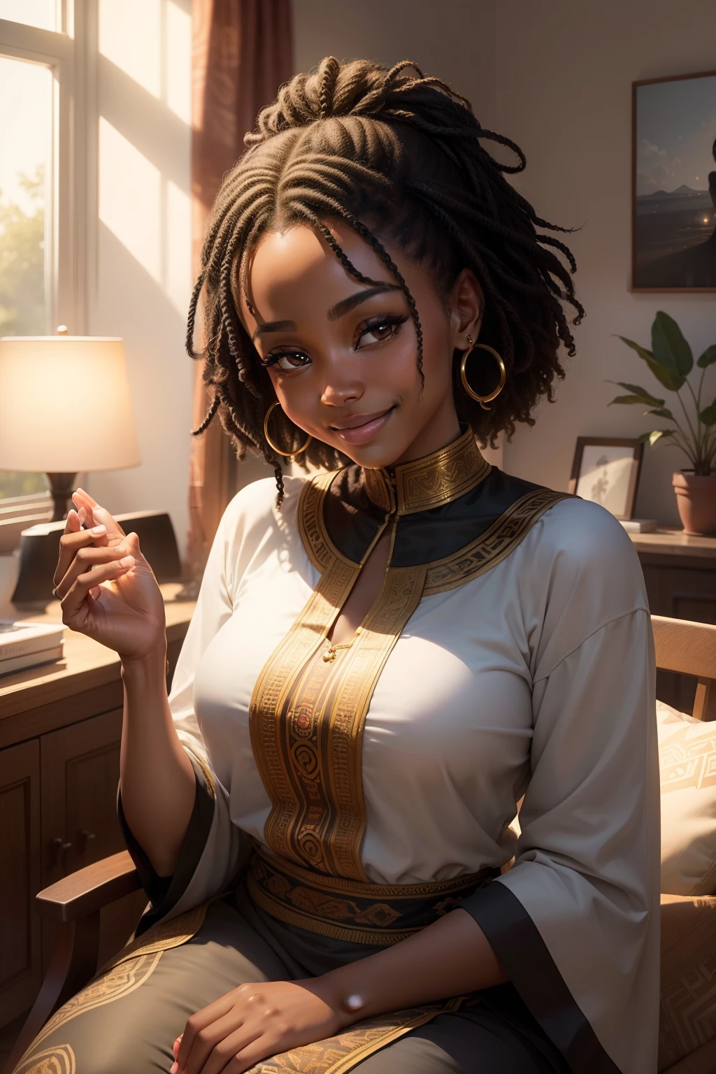 black woman with a look of serenity and devotion with a smile on her face praying in her living room where light is illuminating
