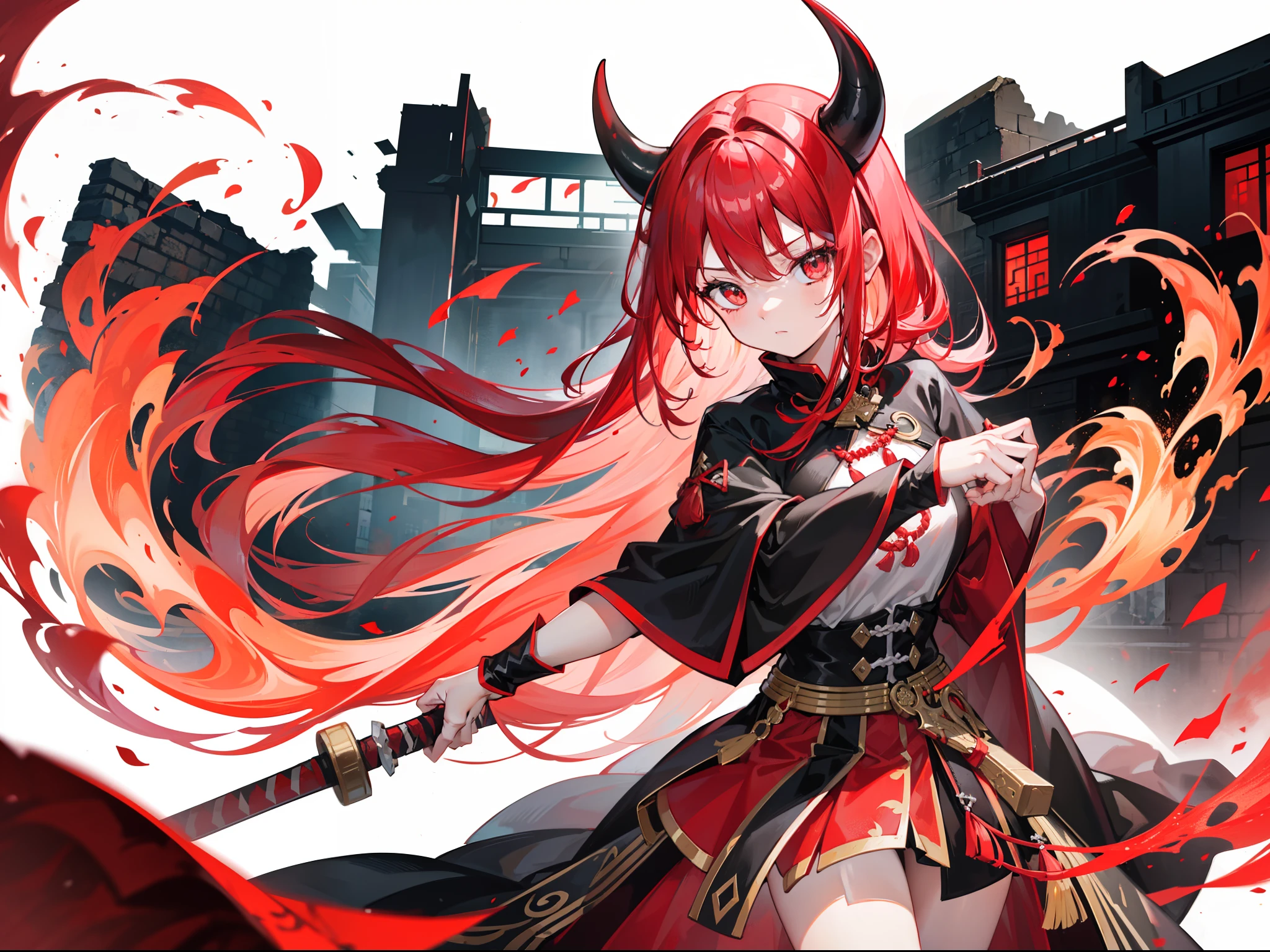 Red-haired beautiful girl，Wearing a burning black demon horn，Wearing a red and black cloak，Red-edged Hanfu on a white background，Surrounded by fire，Holding a huge burning sword，Stand in the middle of a city burned to ruins