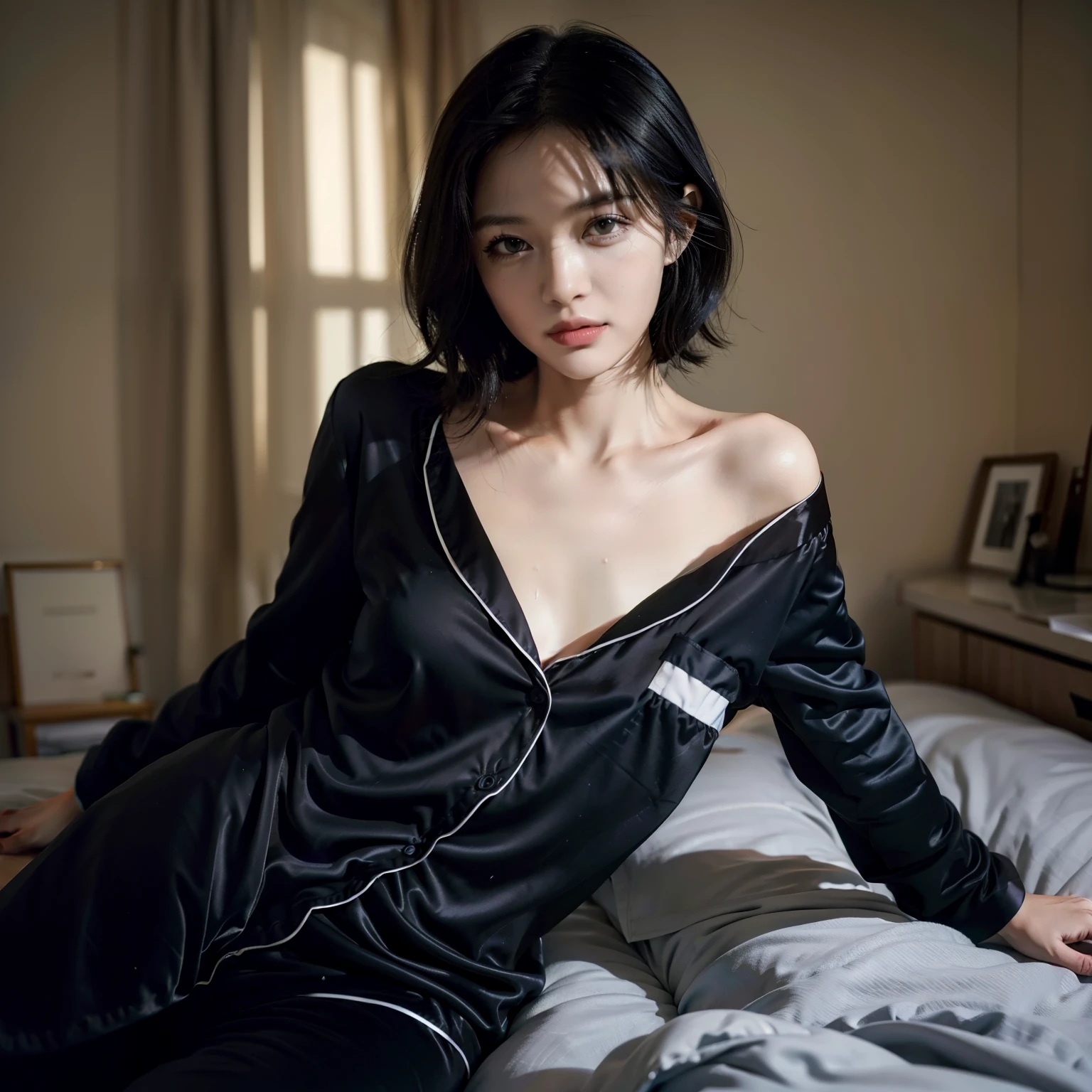 best qualtiy, tmasterpiece, 超高分辨率, (realisticlying:1.4), RAW photogr, 1girll, ((Black lace pajamas)), ((smallunderboob)), cold light,short detailed hair