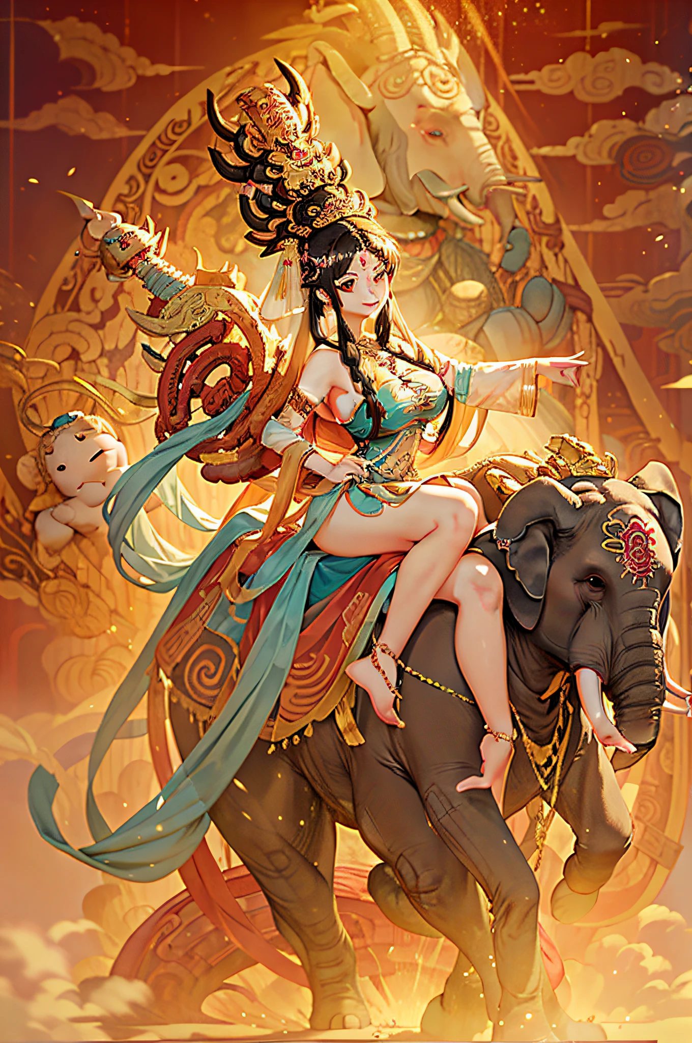 a picture of a woman riding on the back of an elephant, an elephant king, an enormous elephant king, asura from chinese myth, by Caroline Chariot-Dayez, by Sasha Putrya, by Andrée Ruellan, by Emanuel Schongut, by Anna Haifisch, jc leyendecker and sachin teng, by amy sol